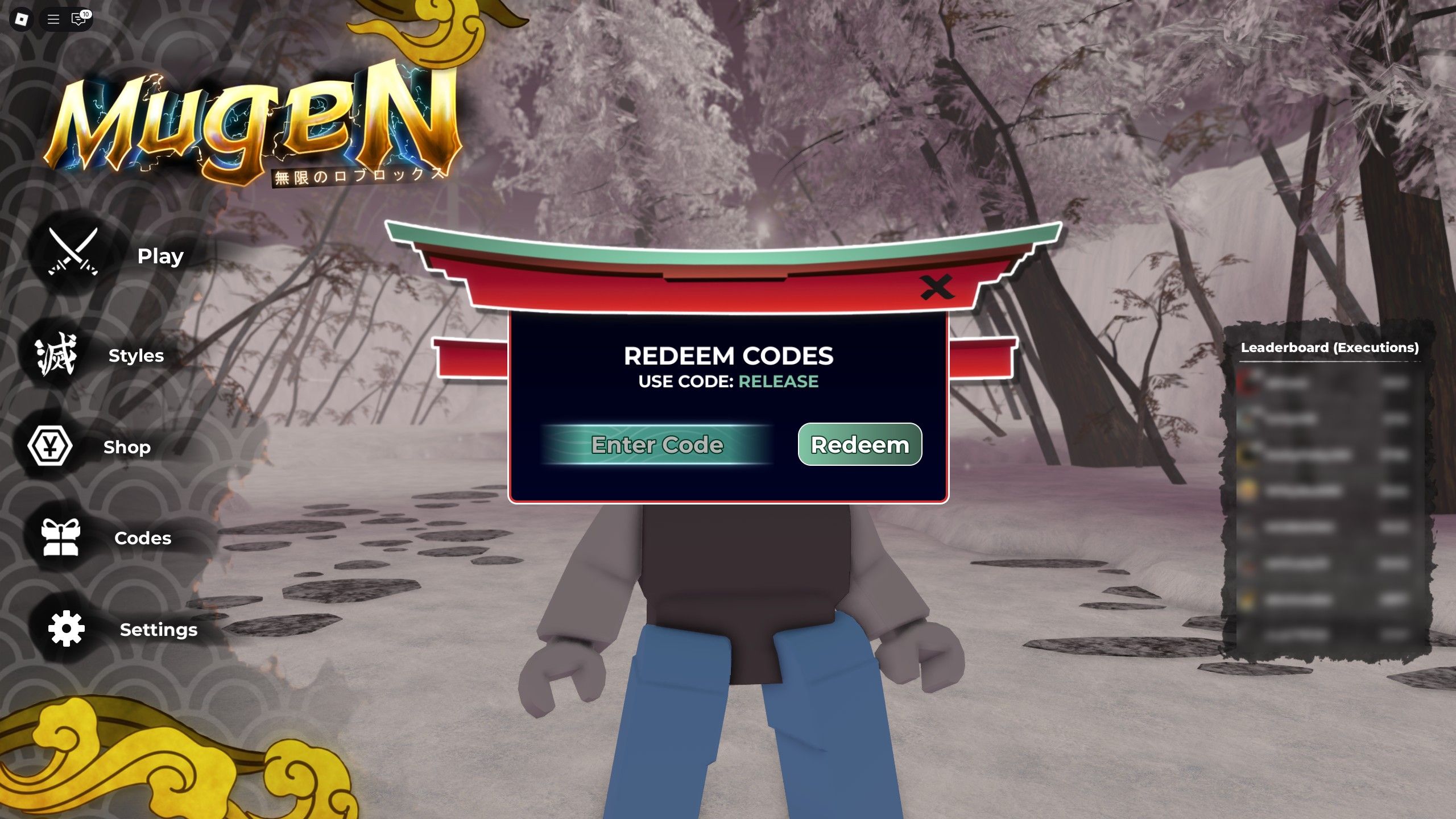 the codes box in Mugen on Roblox