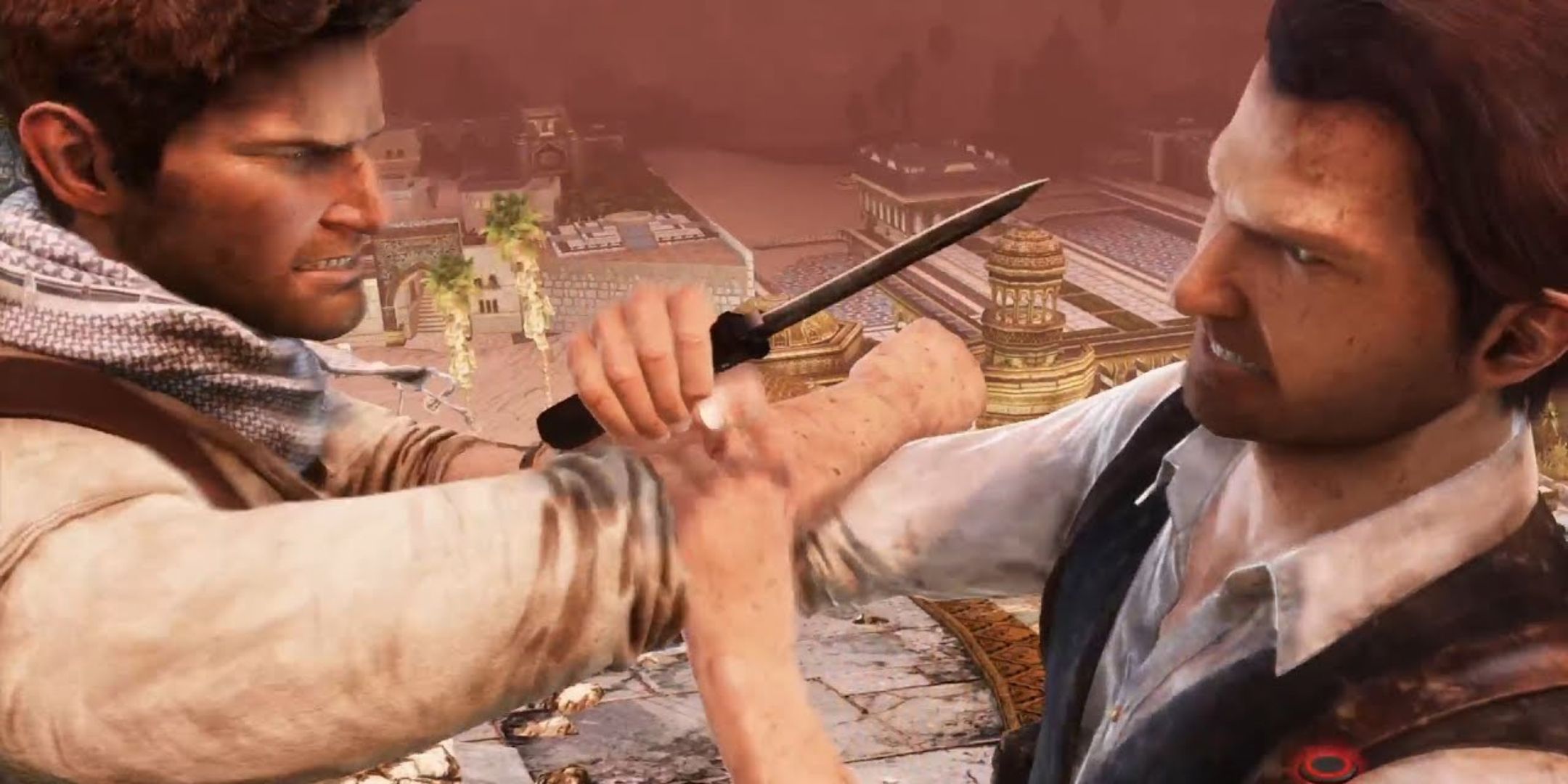 Nathan Drake struggling with Talbot in Uncharted 3 Drake's Deception.