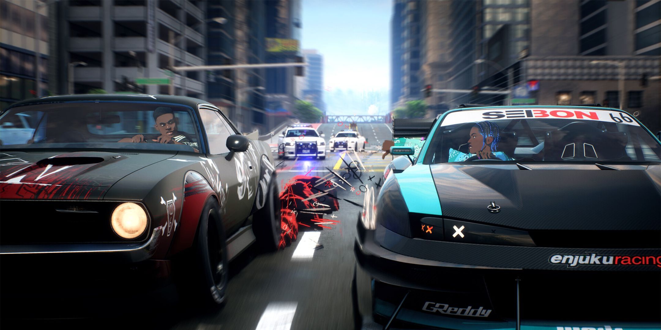 Two racers driving their cars in Need for Speed: Unbound.