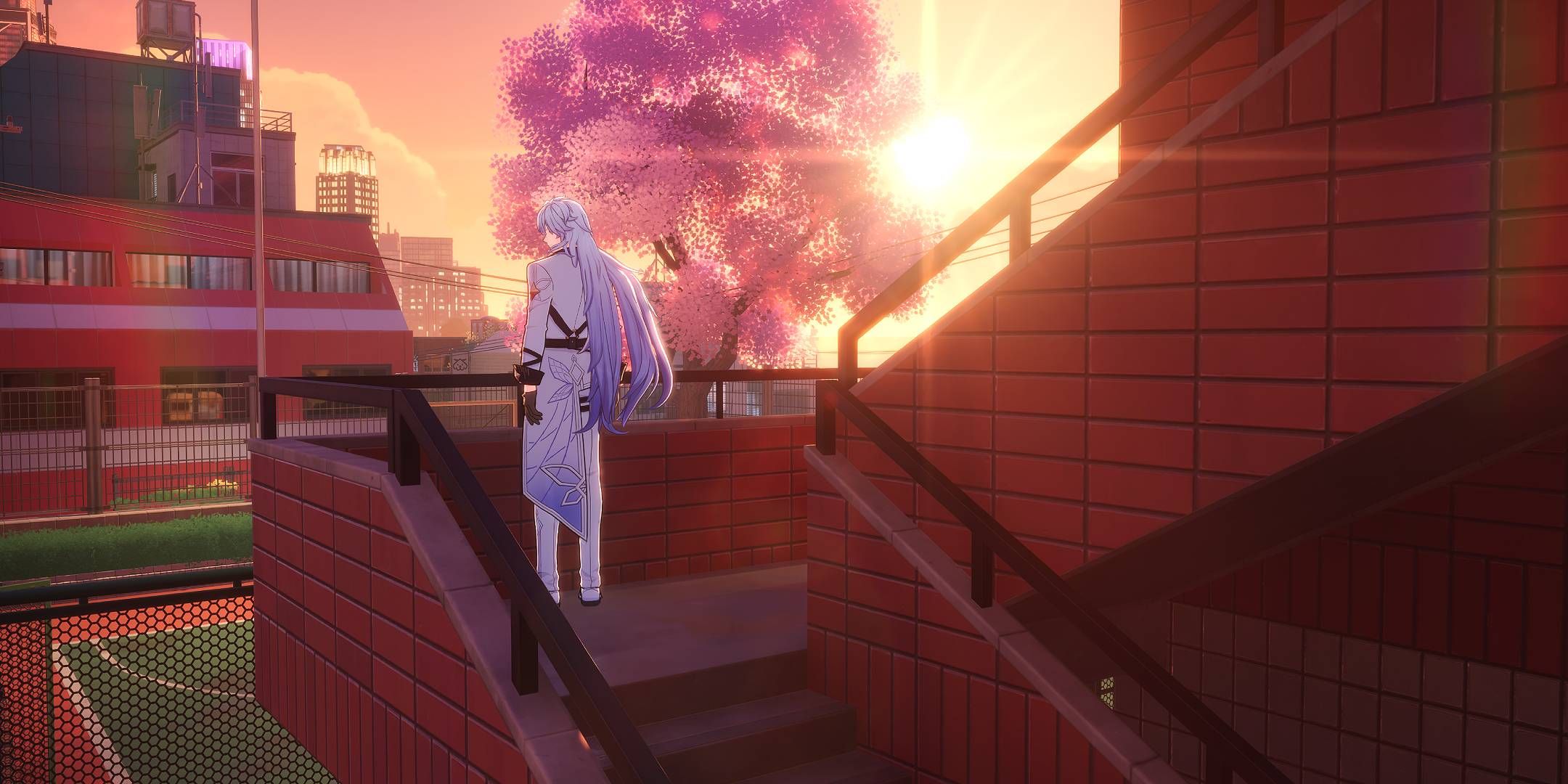 Neverness To Everness, character standing on a staircase with the sunset.-1
