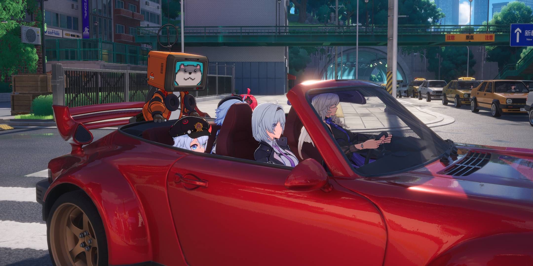 Neverness To Everness, characters in a red convertible in a busy street scene.