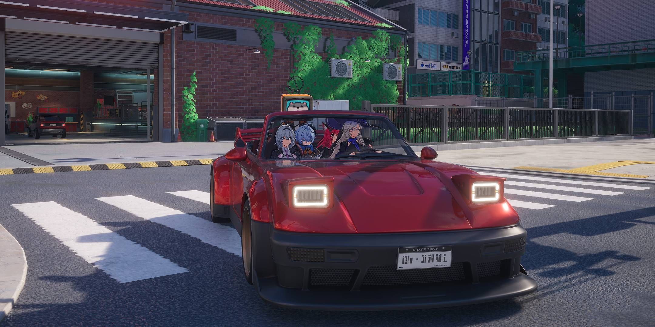 Neverness To Everness, multiple characters in a red car.