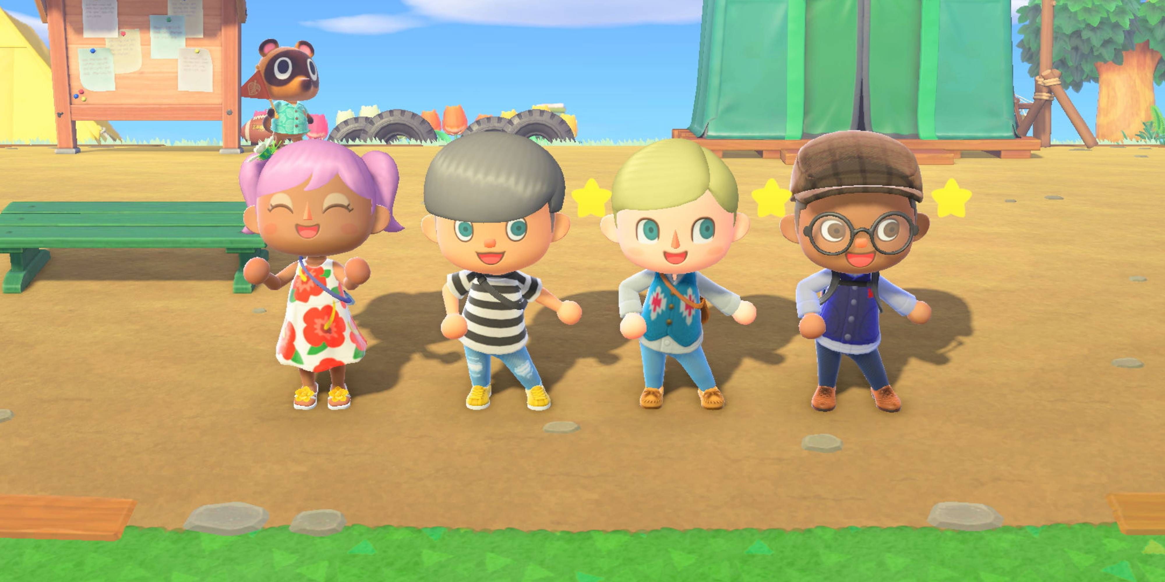 animal crossing characters standing in a line in new horizons.