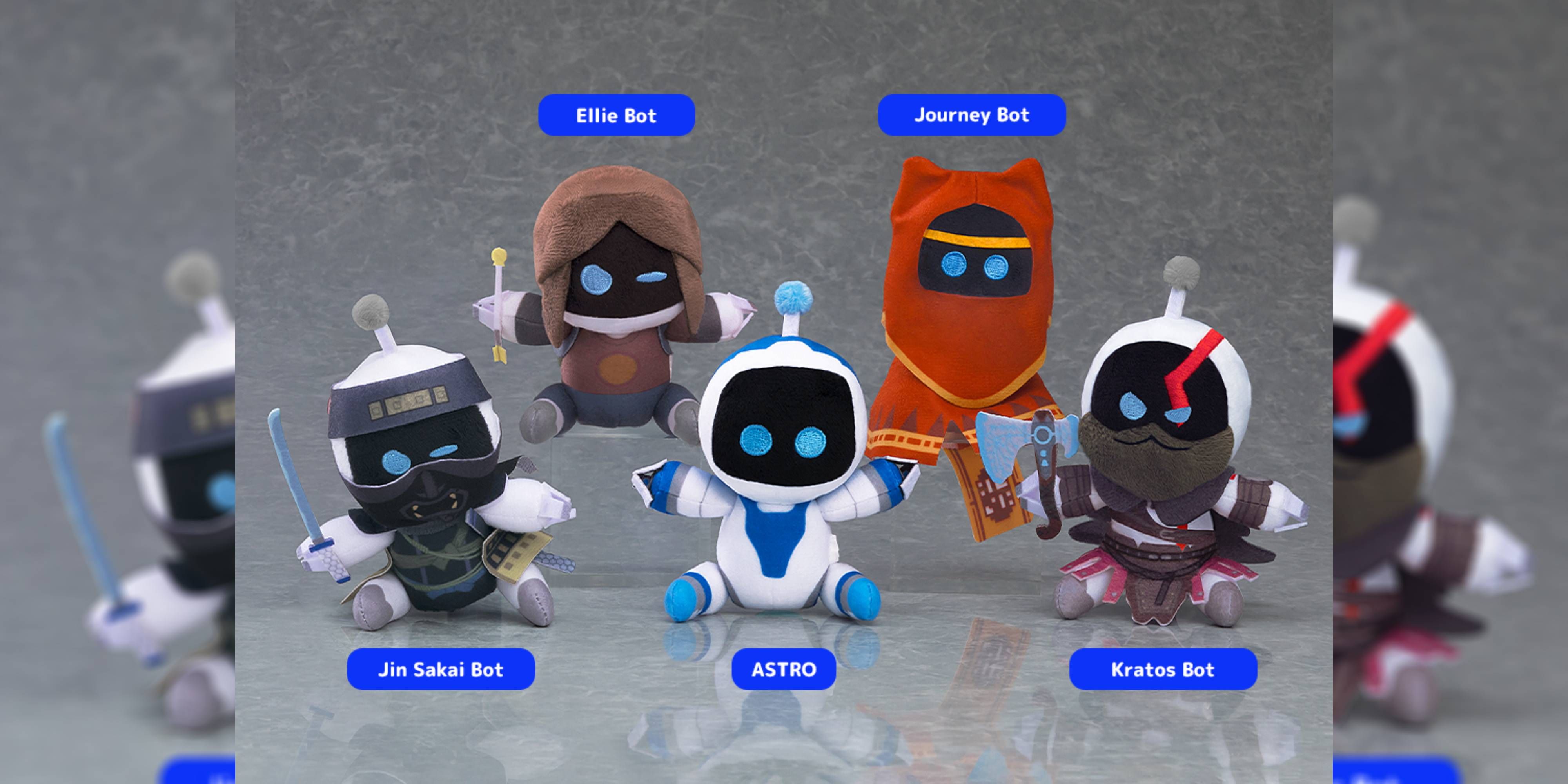astro bot plus surrounded by vip bot plushes.