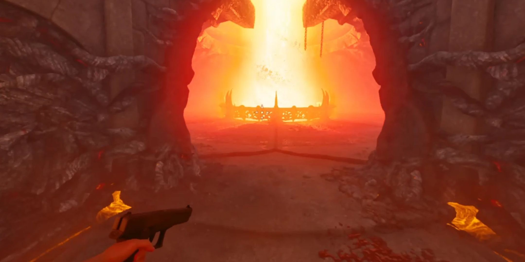 An Oblivion Remastered play in an Oblivion gate, holding a gun.