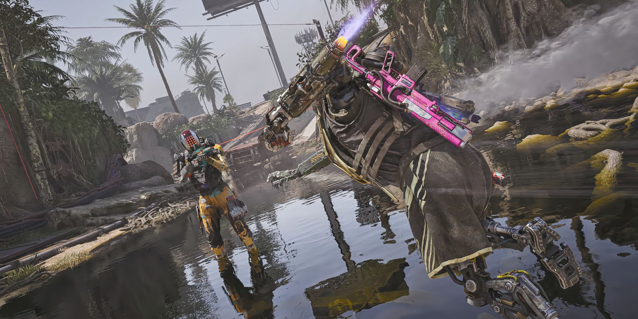 a player rushes to melee range with their fist raised while their opponent takes aim with a rifle in off the grid.
