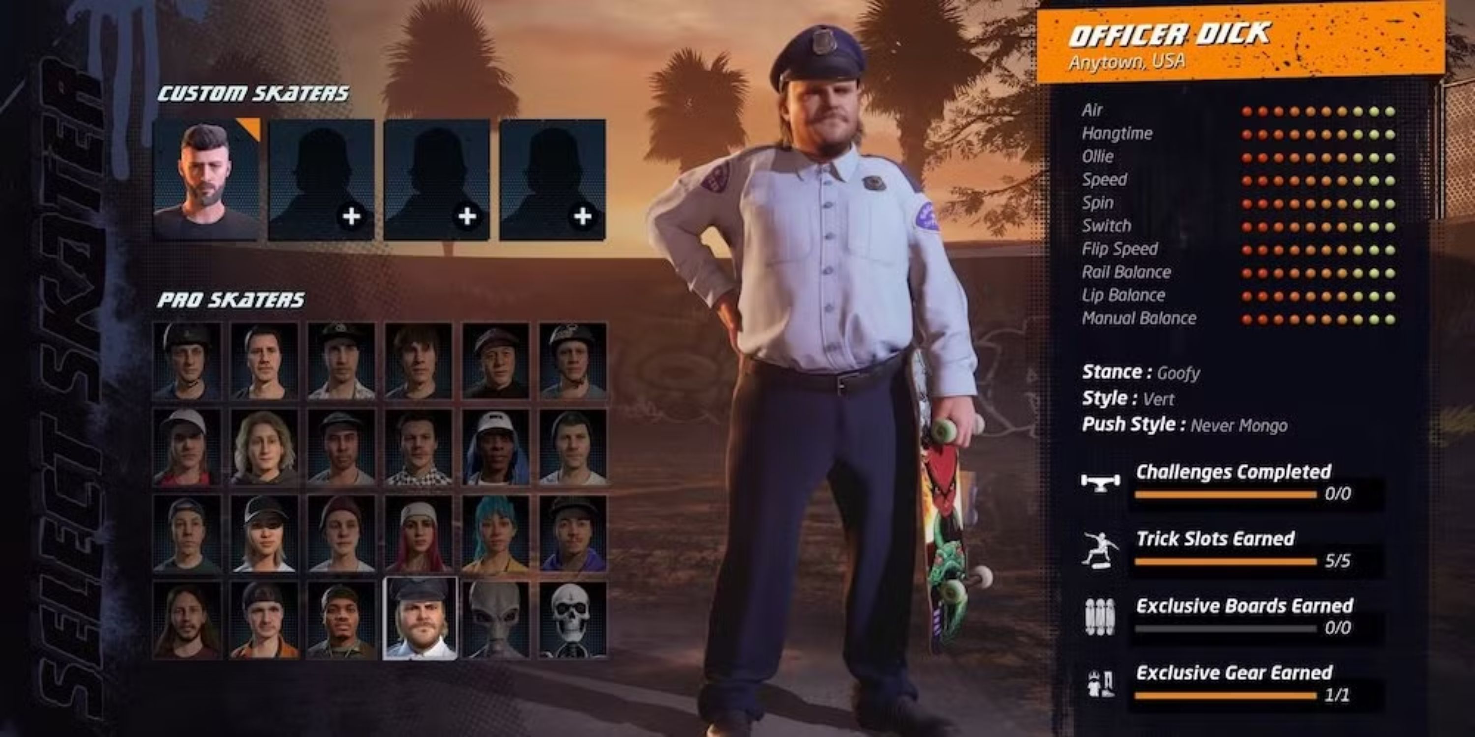 Officer Dick on the character select screen for Tony Hawk's Pro Skater 1+2.