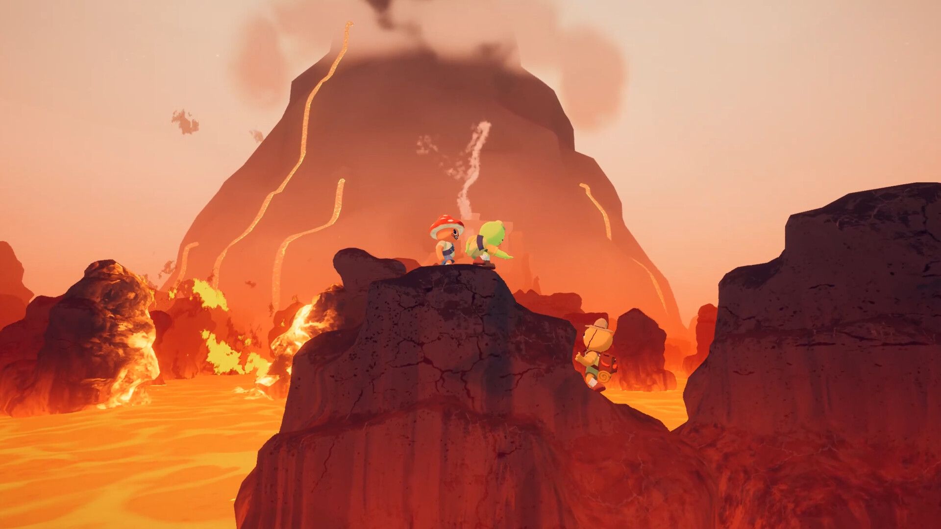Official screenshot of Peak characters helping each other over a volcanic region.