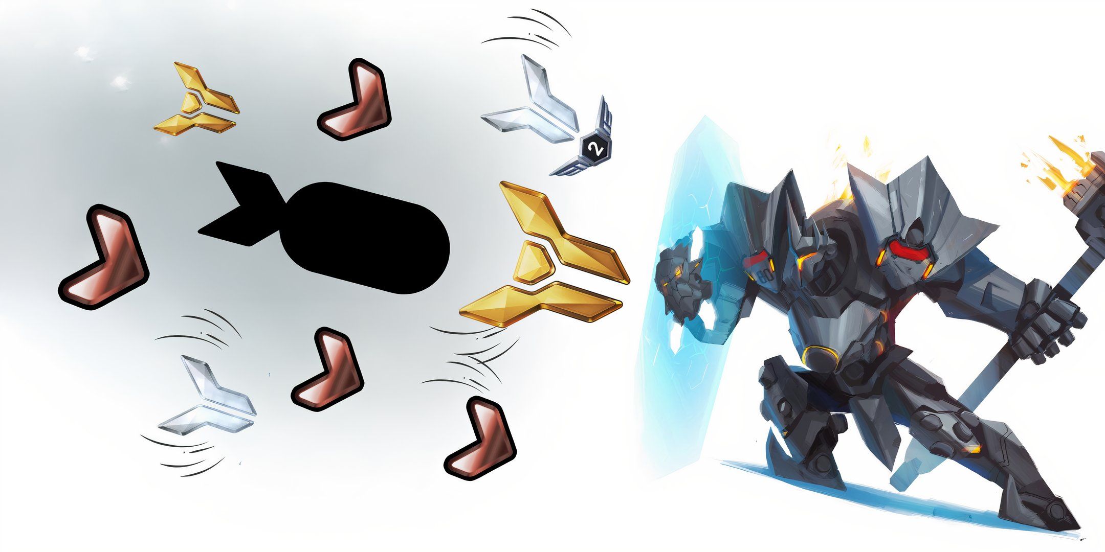 Reinhardt from Overwatch 2 shielding himself from a barrage of Gold, Silver, and Bronze ranks.