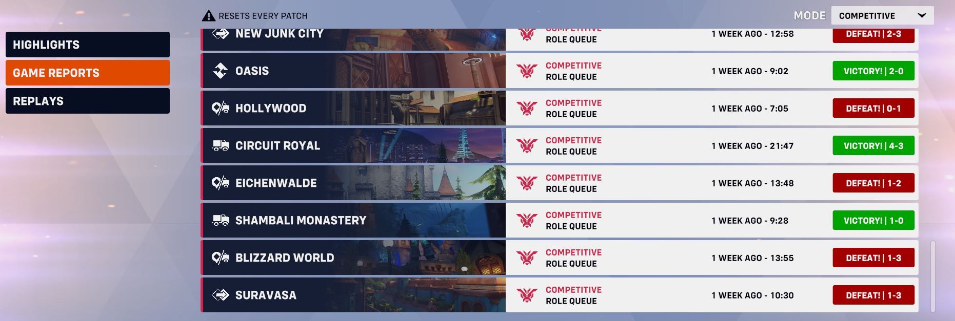 A screenshot of match history from Overwatch 2.