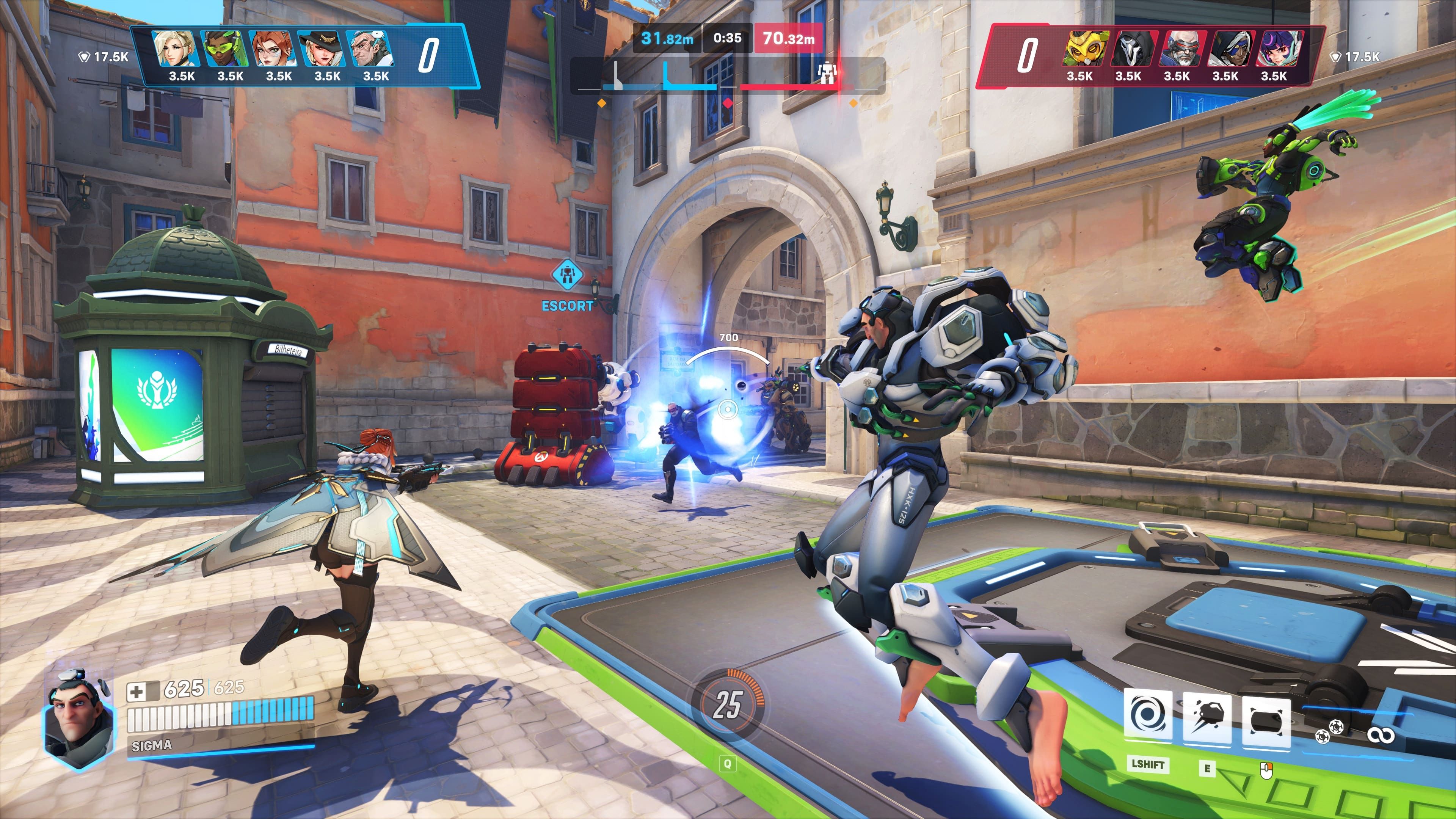 Gameplay from Overwatch 2's stadium, featuring Sigma. 