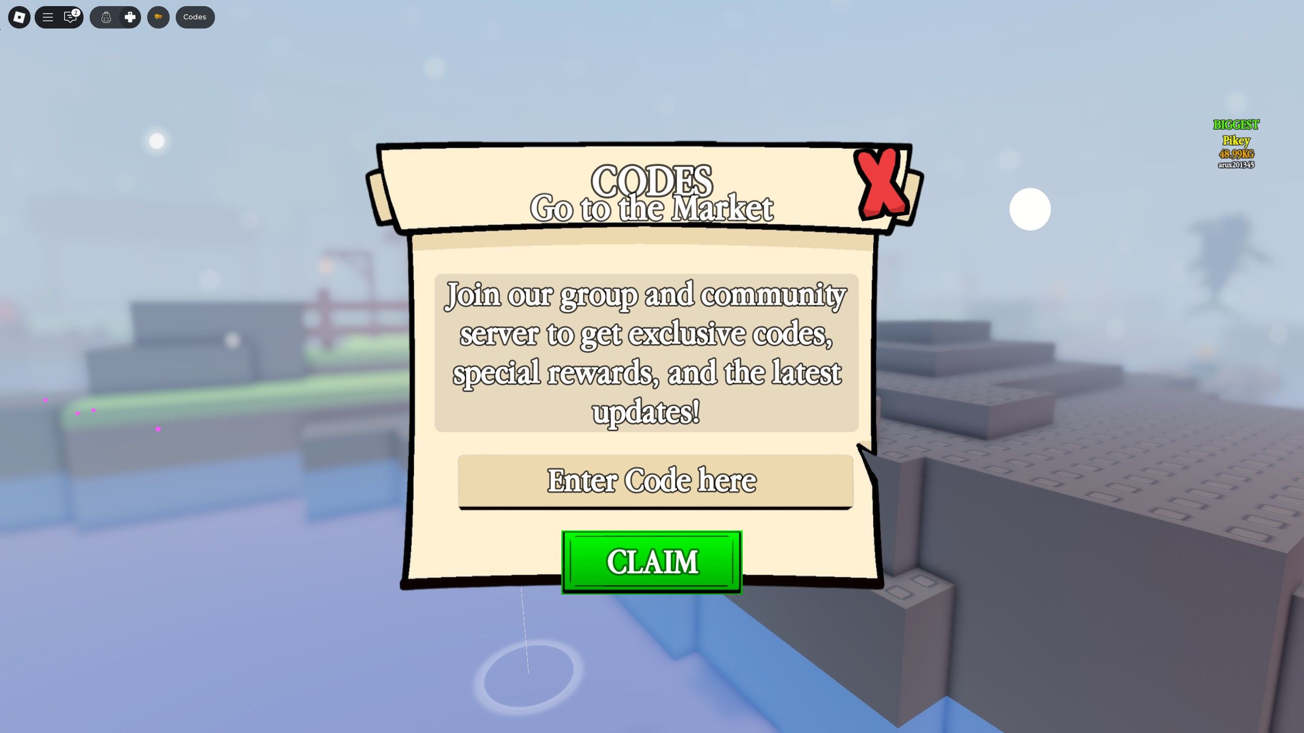 the codes box in Own a Fish Pond on Roblox