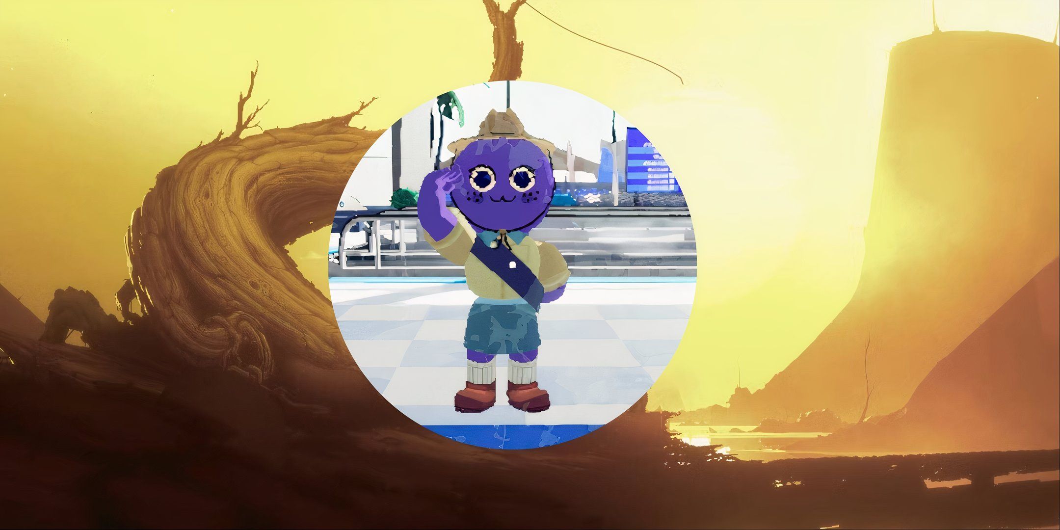 PEAK character saluting in front of a tree.