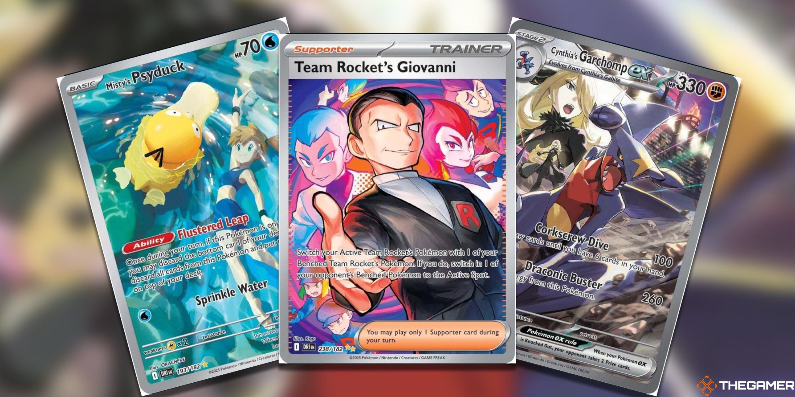 Three fanned-out cards from Destined Rivals: Misty's Psyduck, Team Rocket's Giovanni, and Cynthia's Garchomp ex.