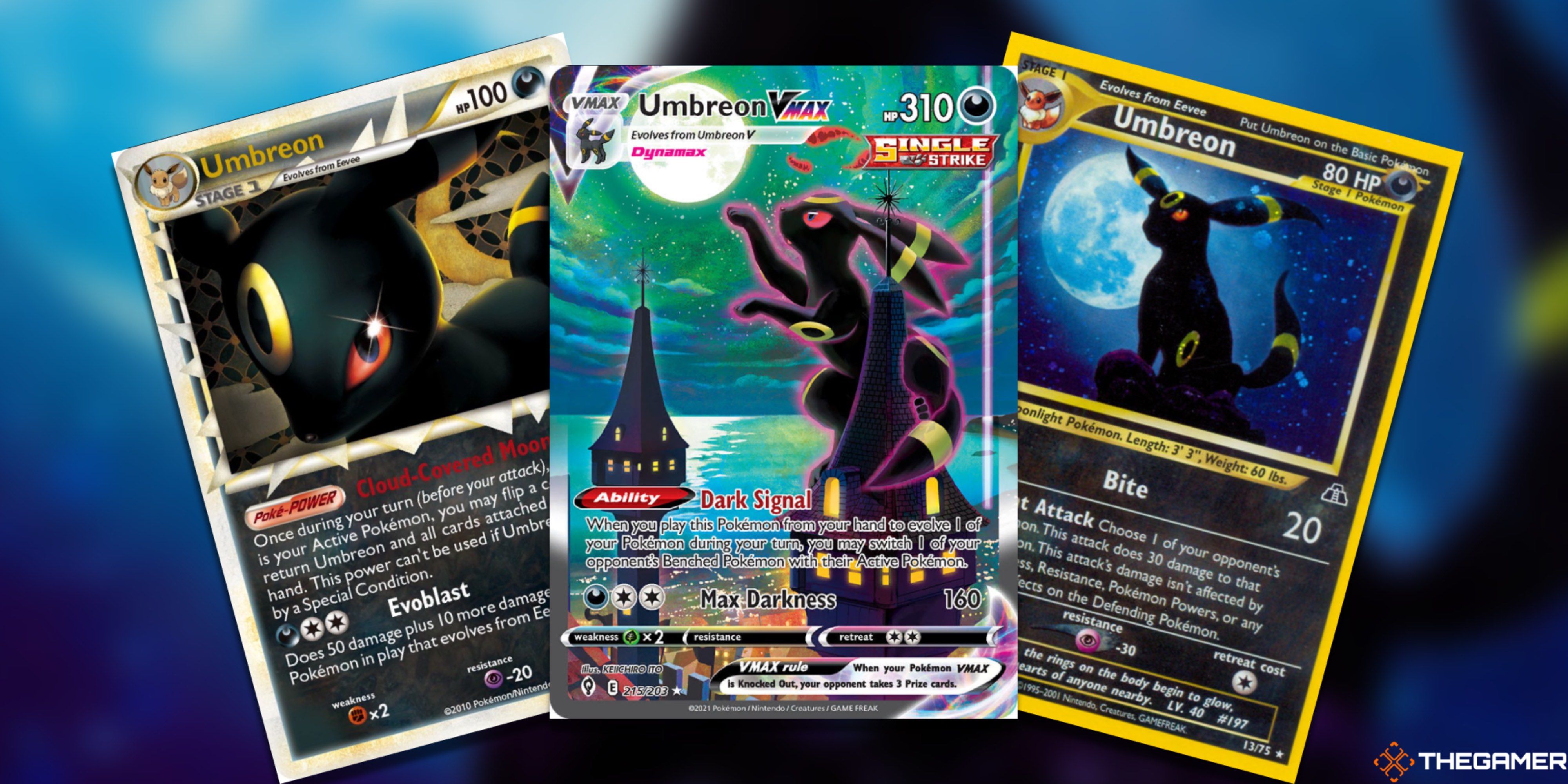 Three fanned-out Moonbreon Cards from the Pokemon TCG.