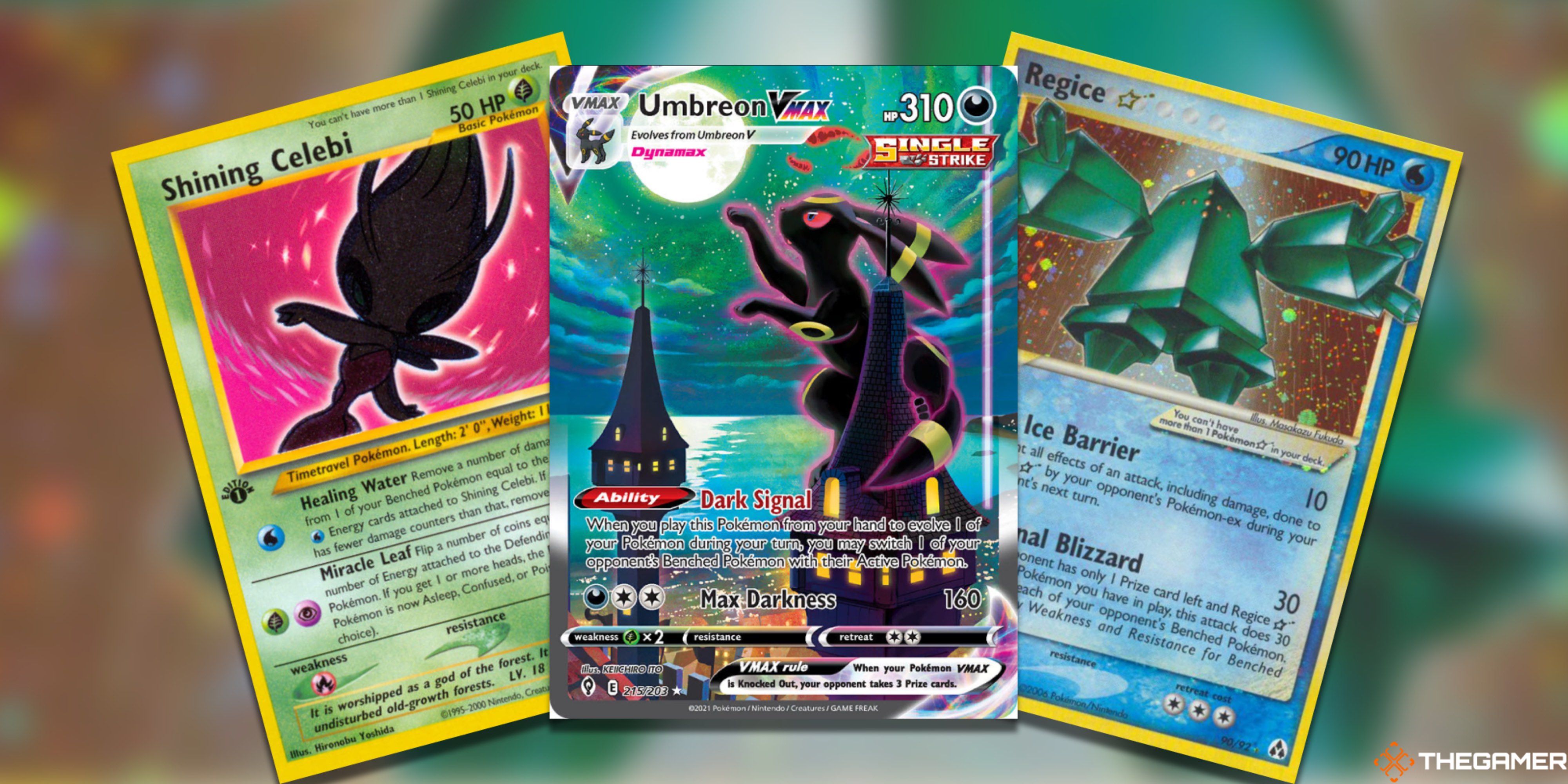 Three fanned-out Cards To Grade: Shining Celebi, Umbreon VMAX, and Regice Star from the Pokemon TCG.