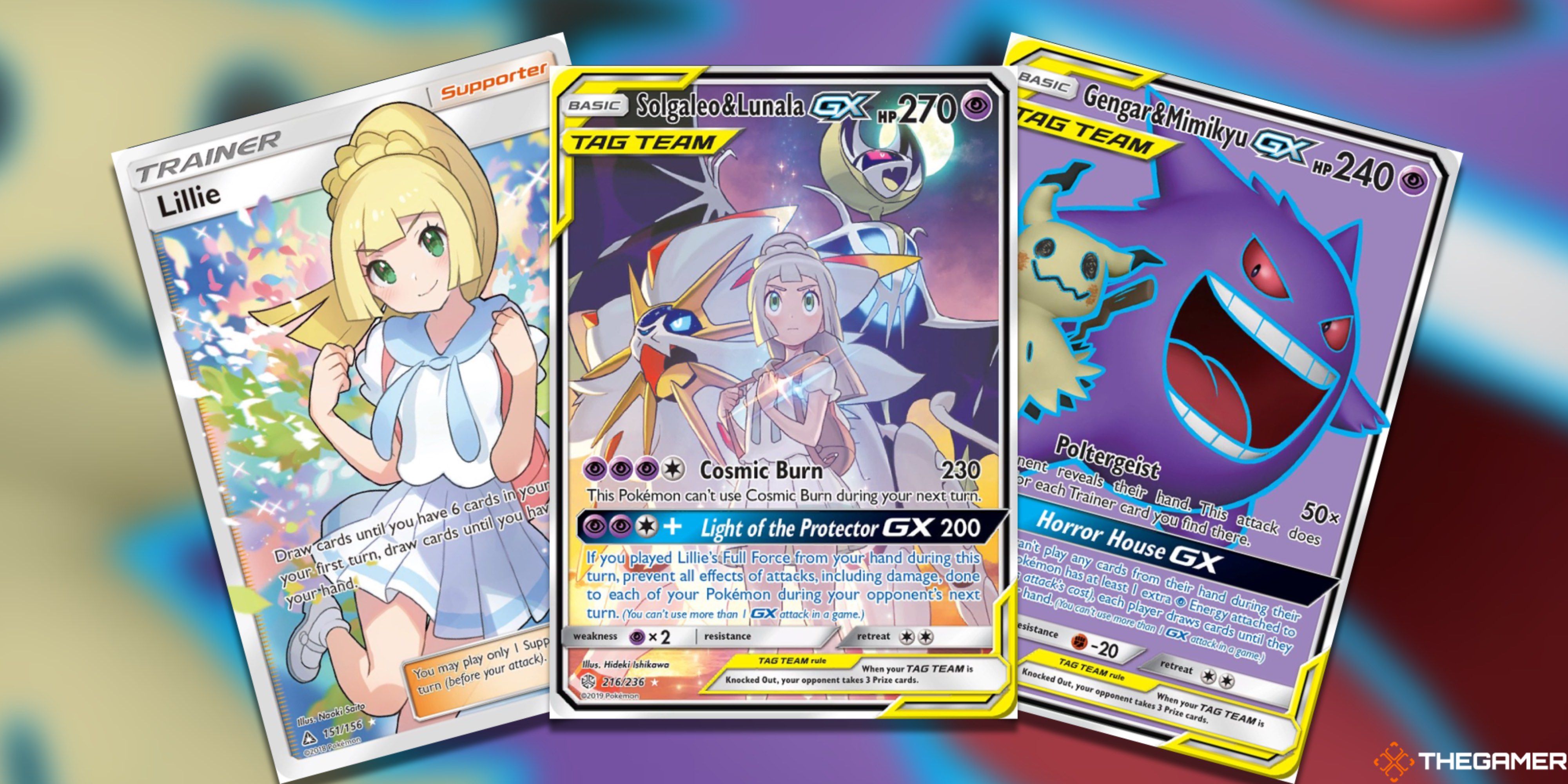 Three fanned-out Alolan Cards: Lillie, Solgaleo & Lunala GX, and Gengar & Mimikyu GX from the Pokemon TCG.