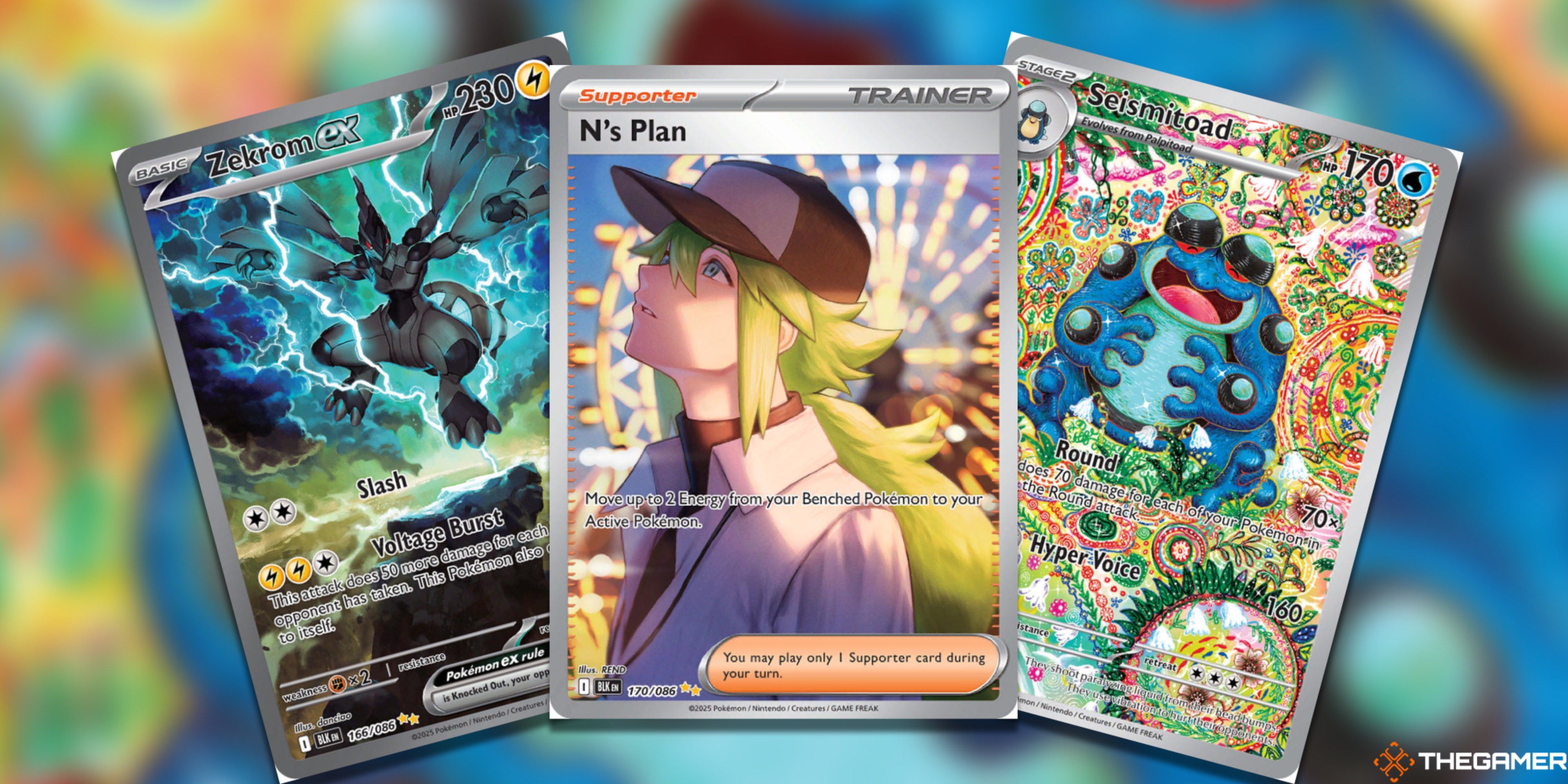 Three fanned-out Black Bolt cardd: Zekrom ex, N's Plan, and Seismitoad from the Pokemon TCG.