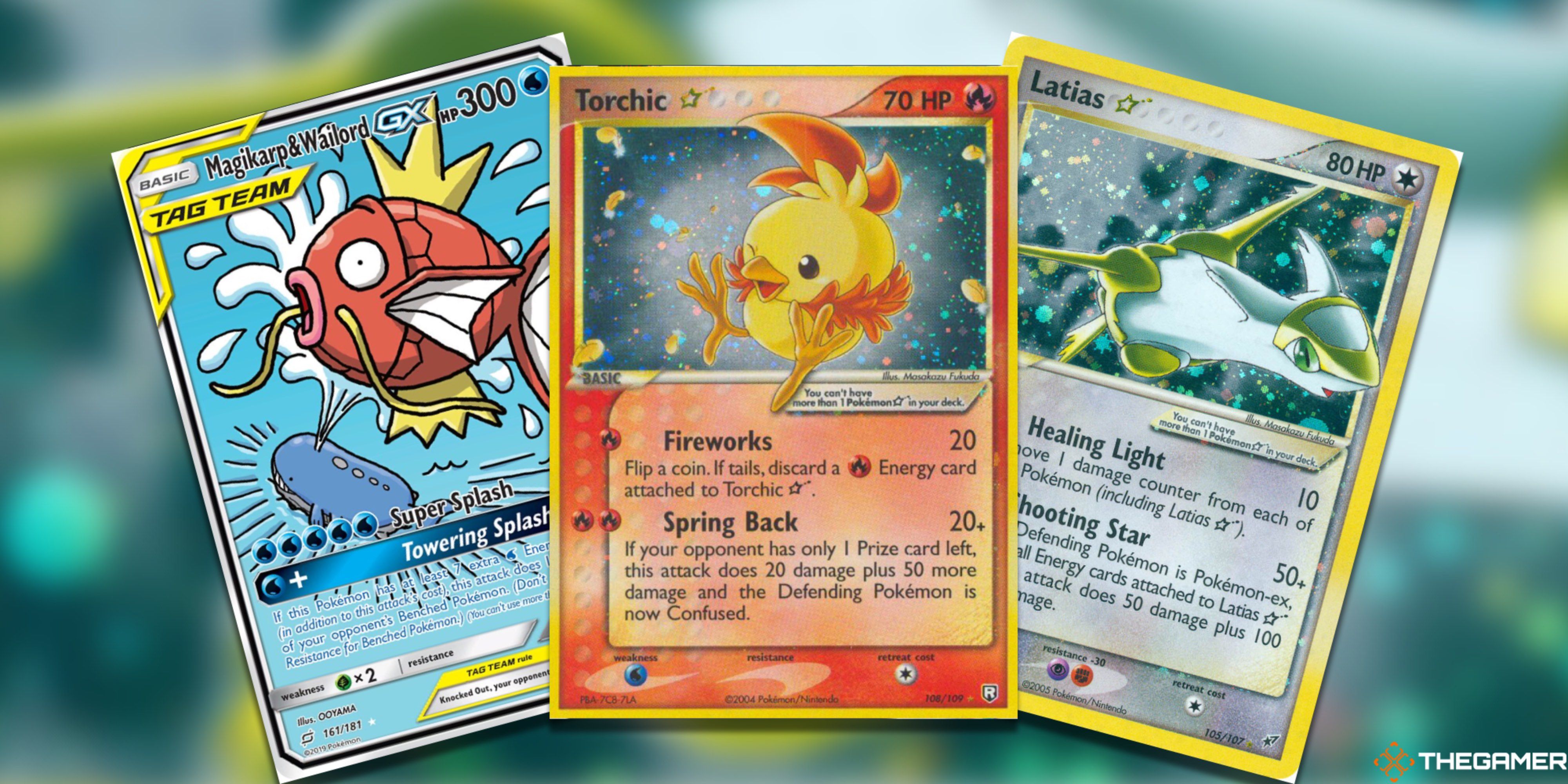 Three fanned-out Hoenn Pokemon Cards: Magikarp & Wailord GX, Torchic Star, and Latios Star from the Pokemon TCG.