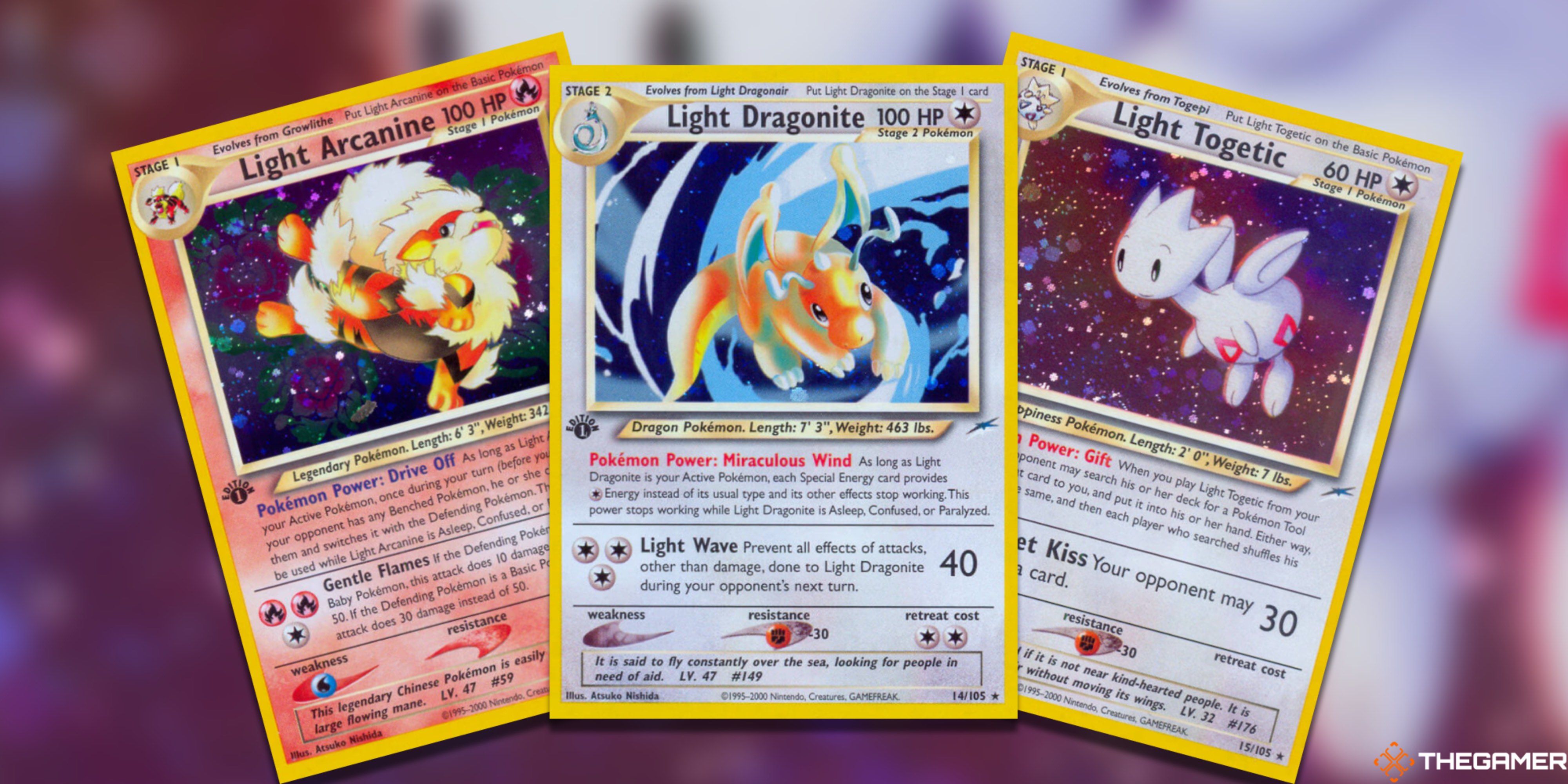 Three fanned-out Light Pokemon: Arcanine, Dragonite, and Togetic in the Pokemon TCG.