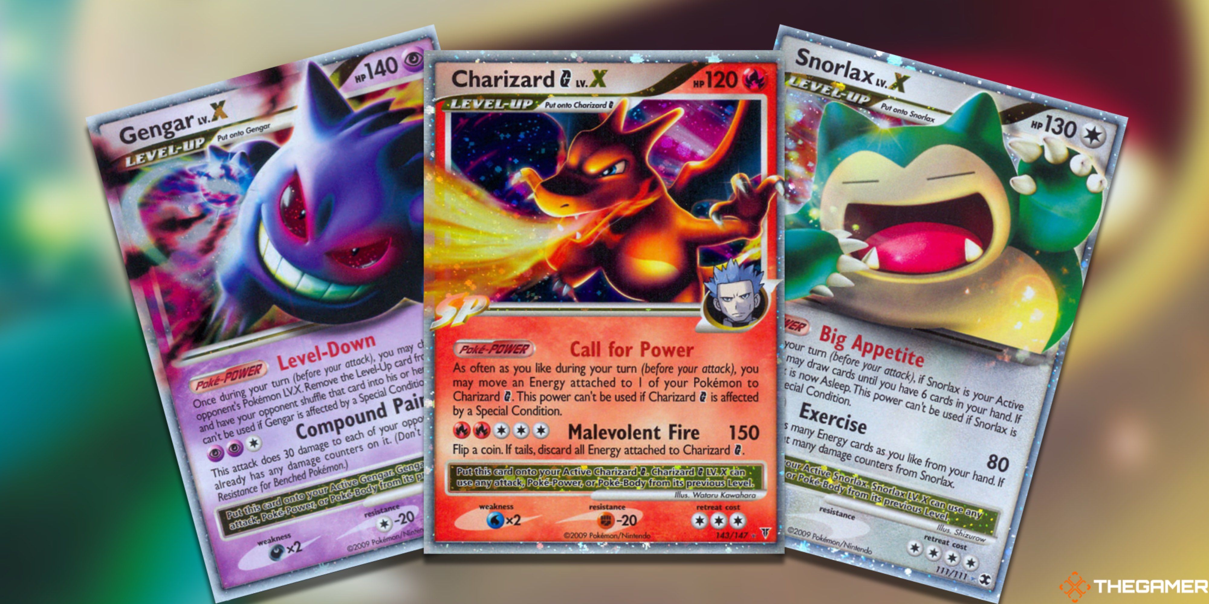 Three fanned-out LV. X Cards: Gengar, Charizard G, and Snorlax from the Pokemon TCG.