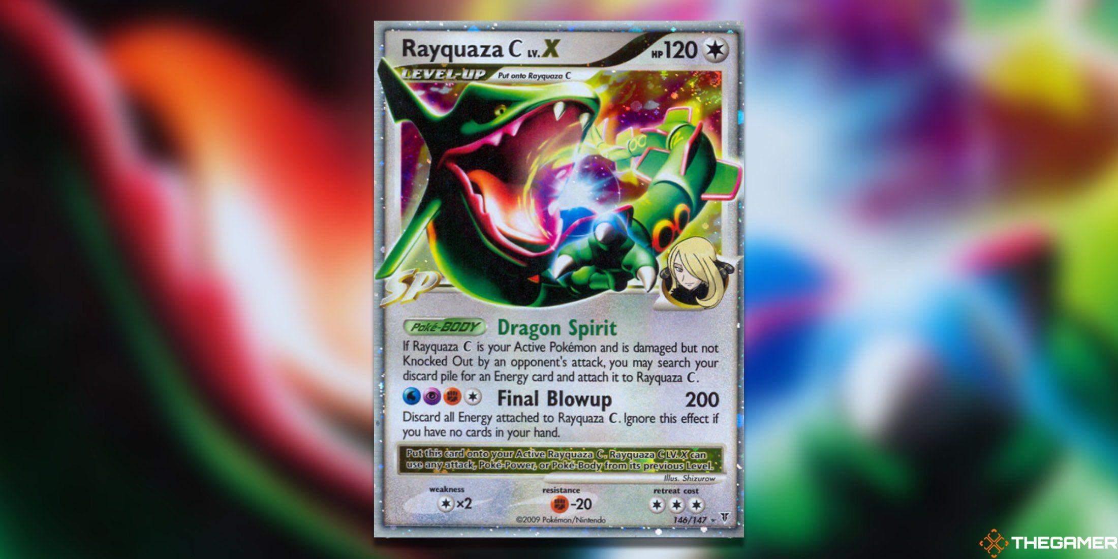 The LV. X Rayquaza C from the Pokemon TCG.