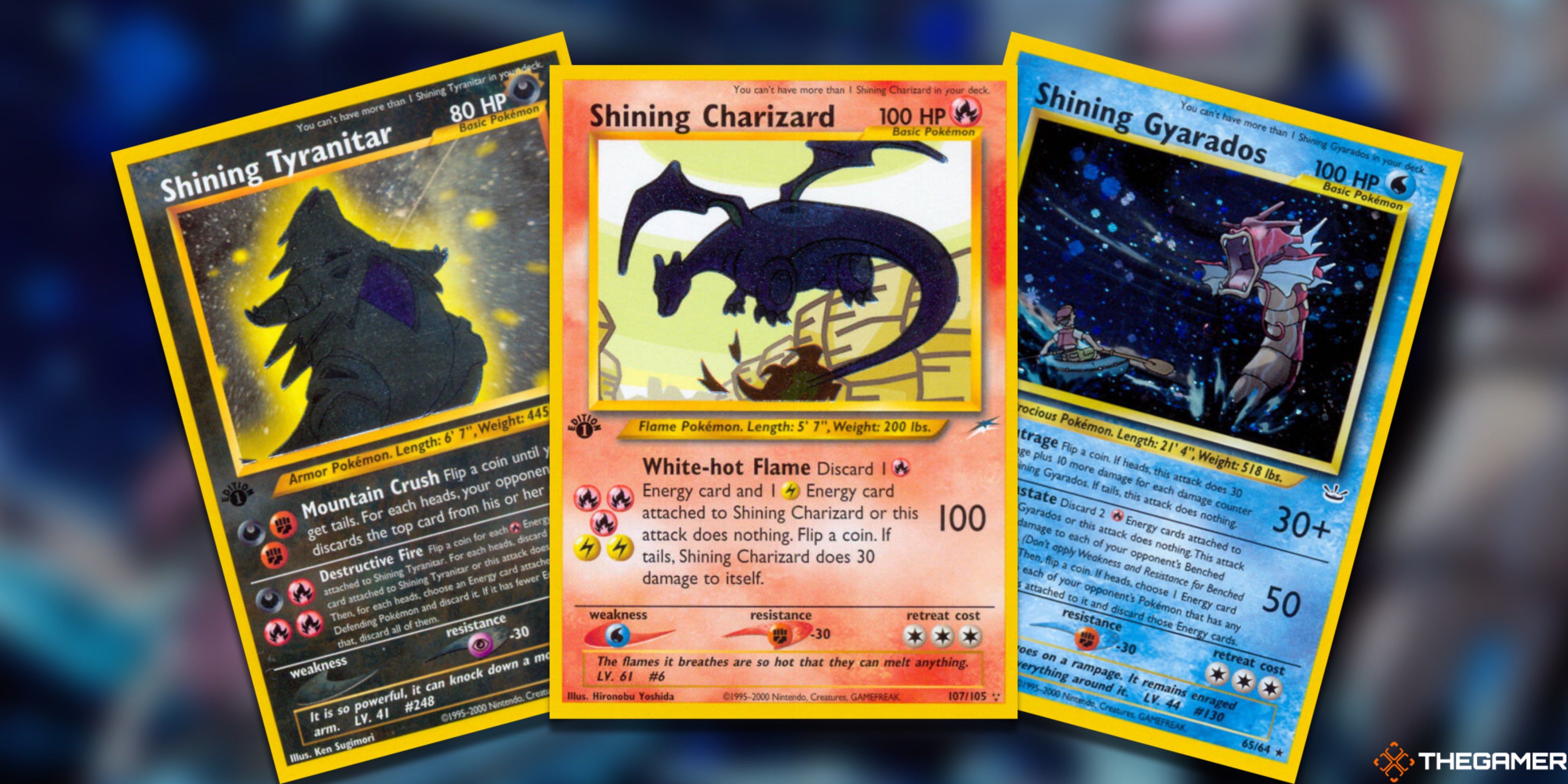 Three fanned-out Valuable Neo Era Cards: Shining Tyranitar, Charizard, and Gyarados from the Pokemon TCG.