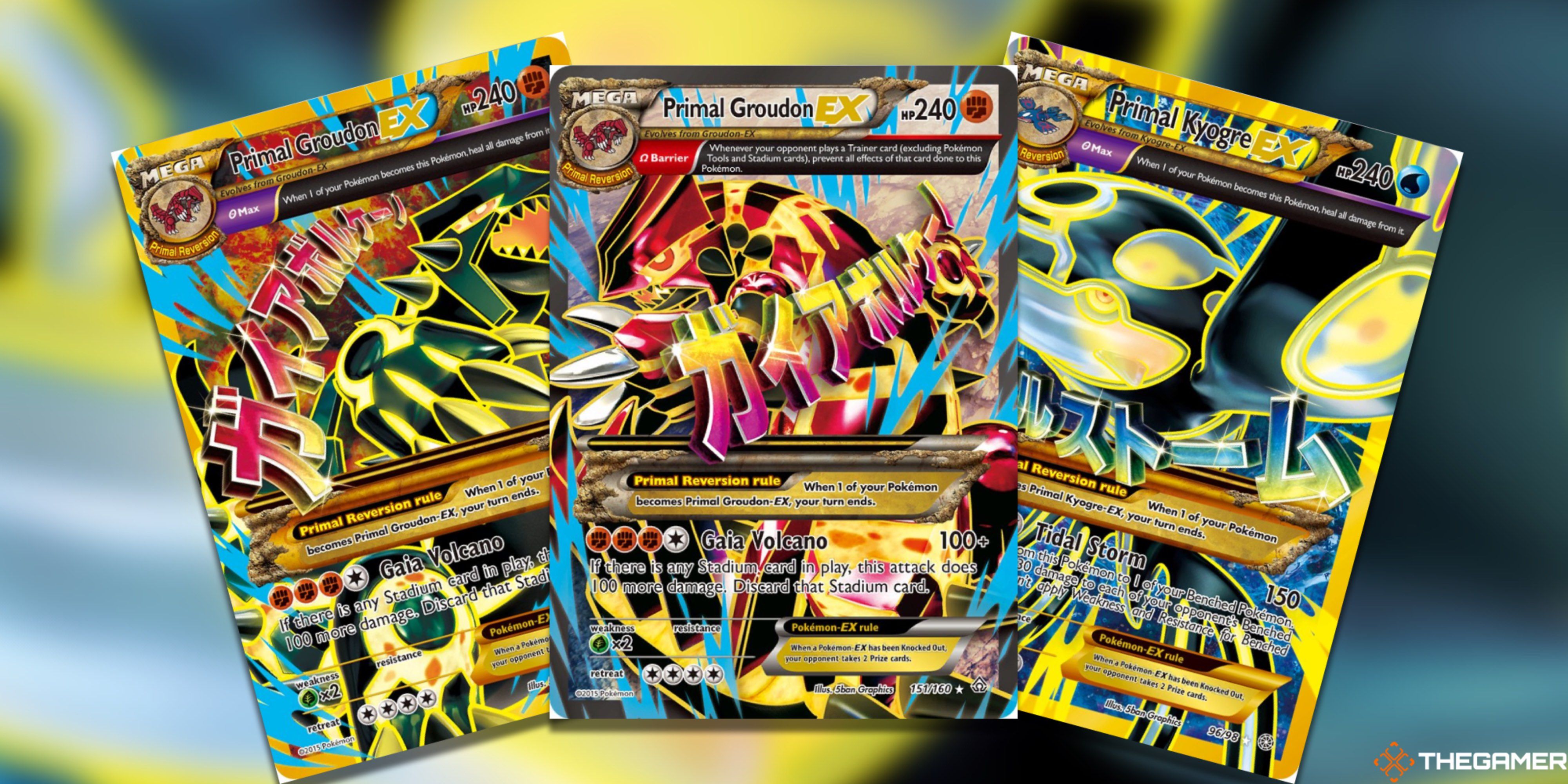 Three fanned-out Primal Pokemon: Primal Groudon EX Shiny Full Art, Primal Groudon EX Ultra Rare, and Primal Kyogre EX Shiny Full Art from the Pokemon TCG.