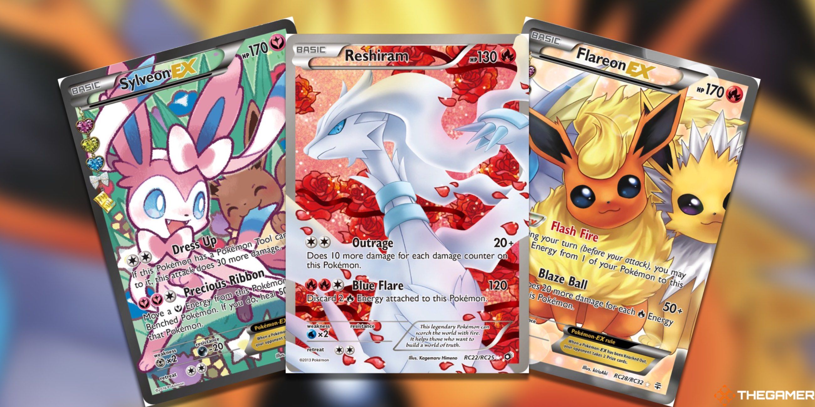 Three fanned out Radiant Collection Cards: Sylveon EX, Reshiram, and Flareon EX from the Pokemon TCG.
