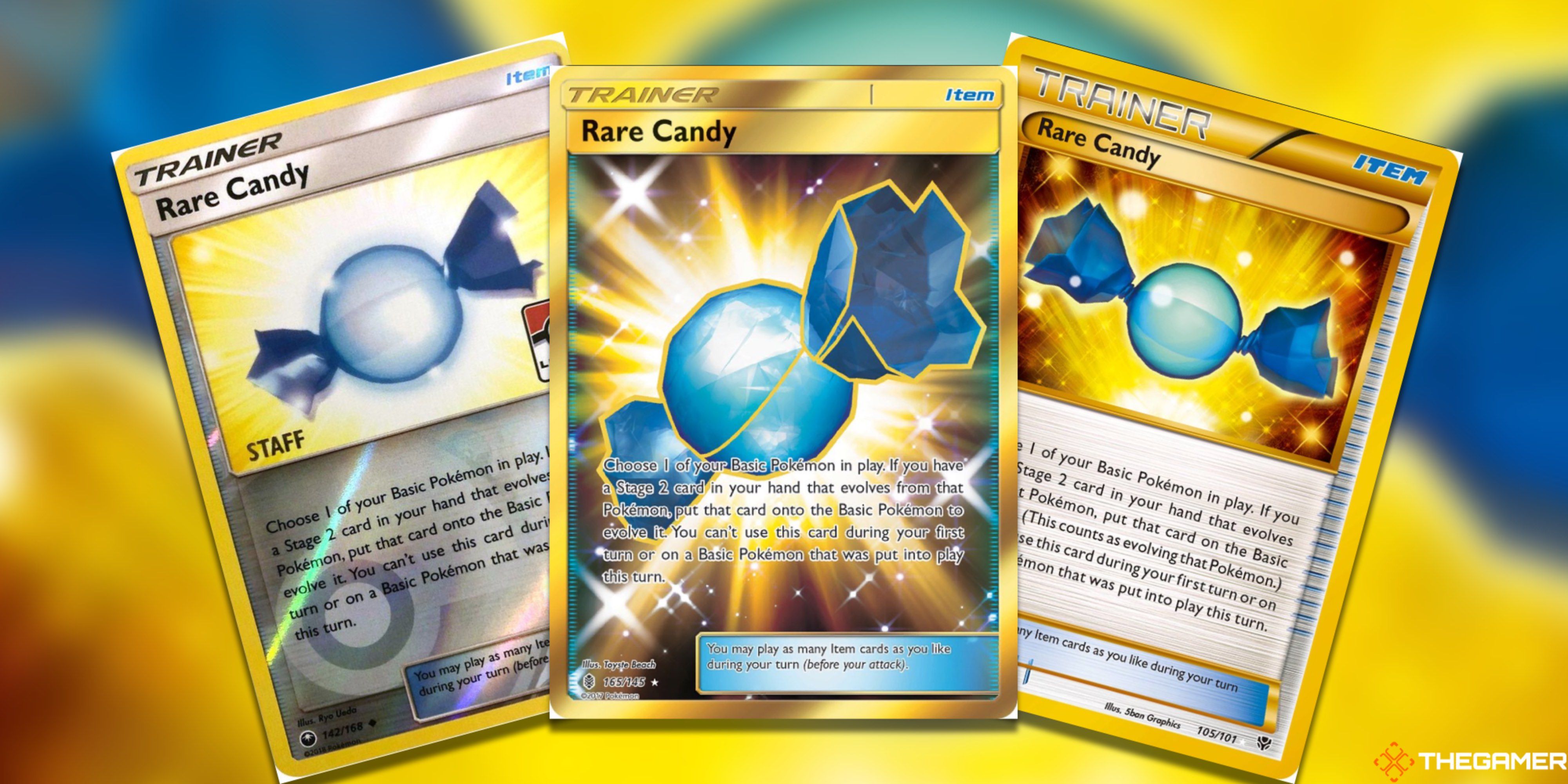 Three fanned-out Rare Candy cards from the Pokemon TCG.