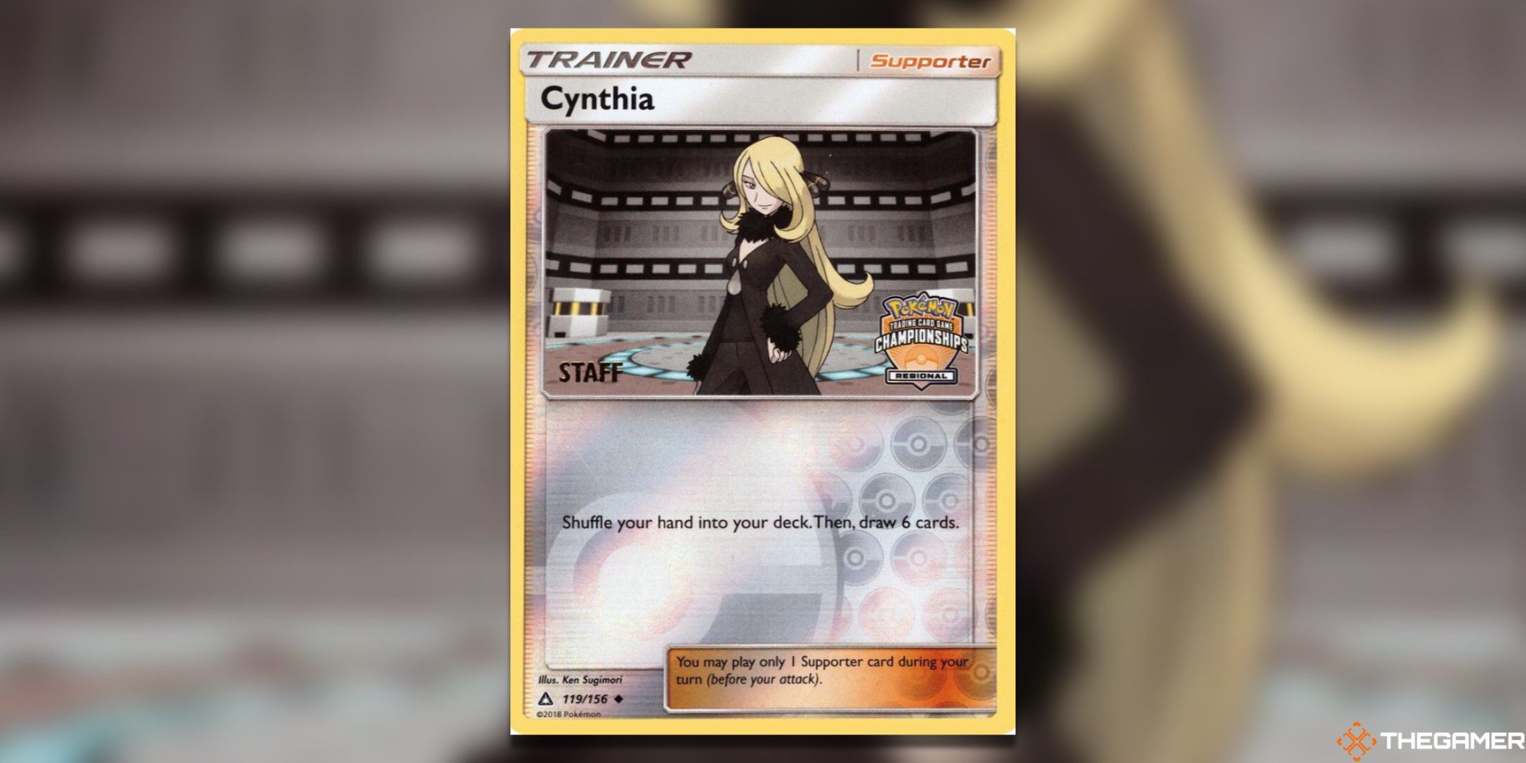 The Regional Championship Cards Cynthia 119 Staff promo from the Pokemon TCG.