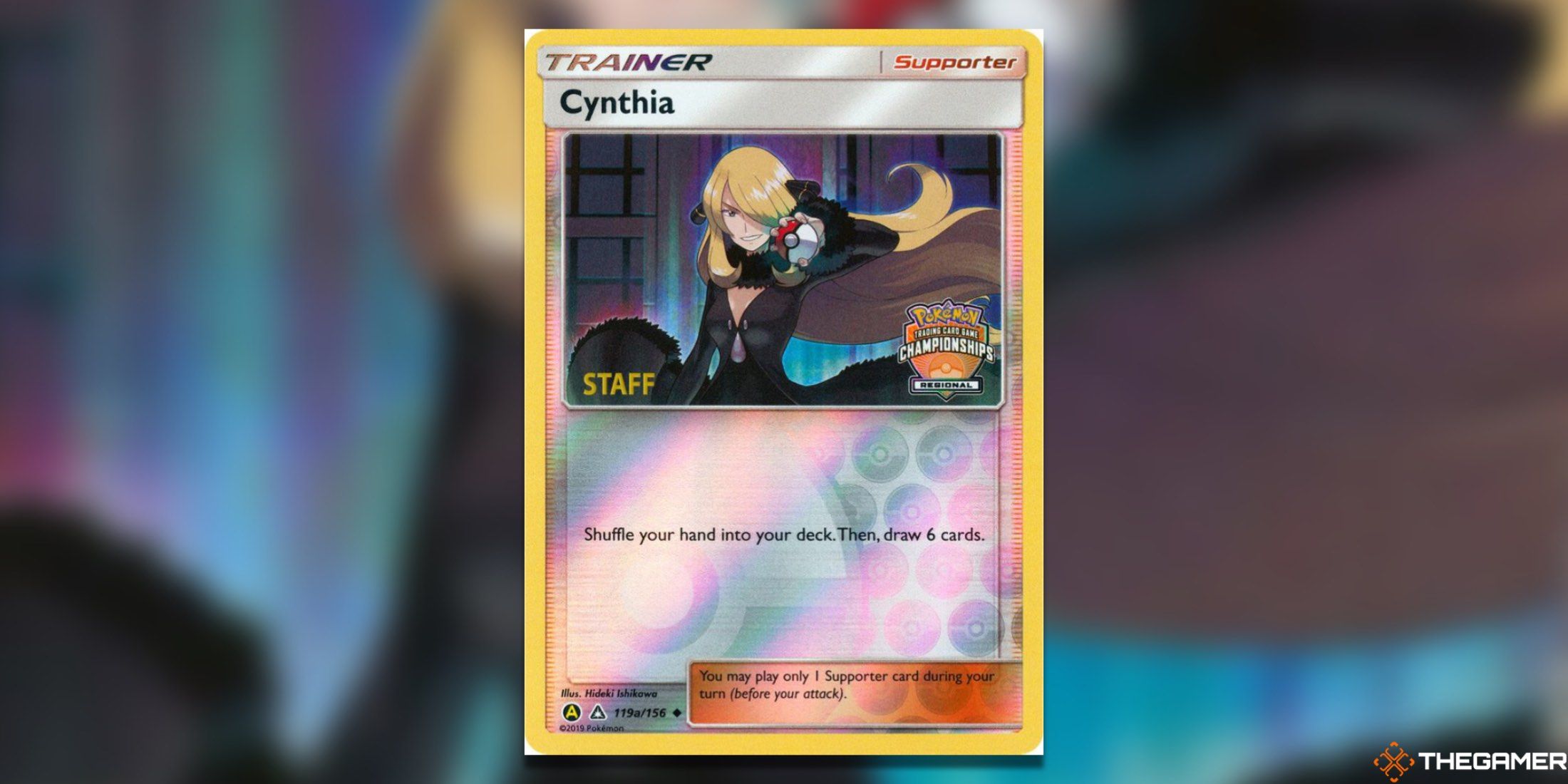 The Regional Championship Cards Cynthia 119a Staff promo from the Pokemon TCG.