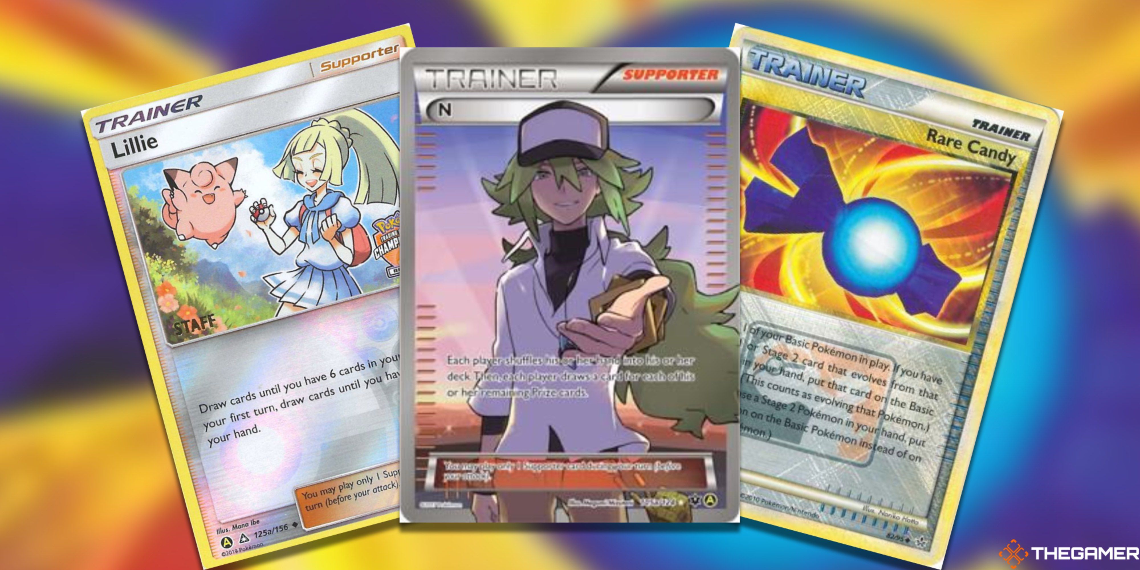 Three fanned-out Trainer Promos: Lillie, N, and Rare Candy from the Pokemon TCG,