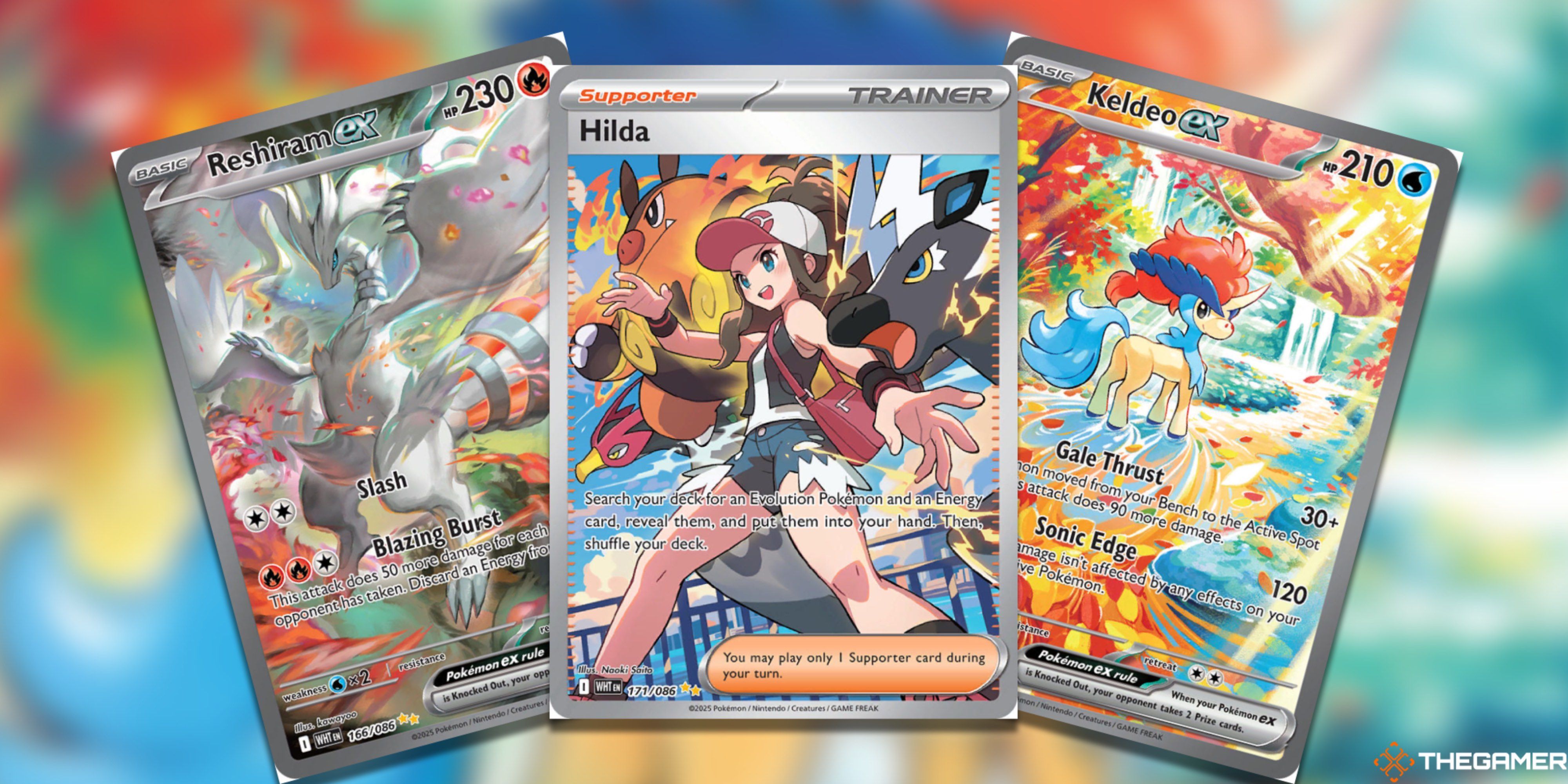 Three fanned-out White Flare cards from the Pokemon TCG.
