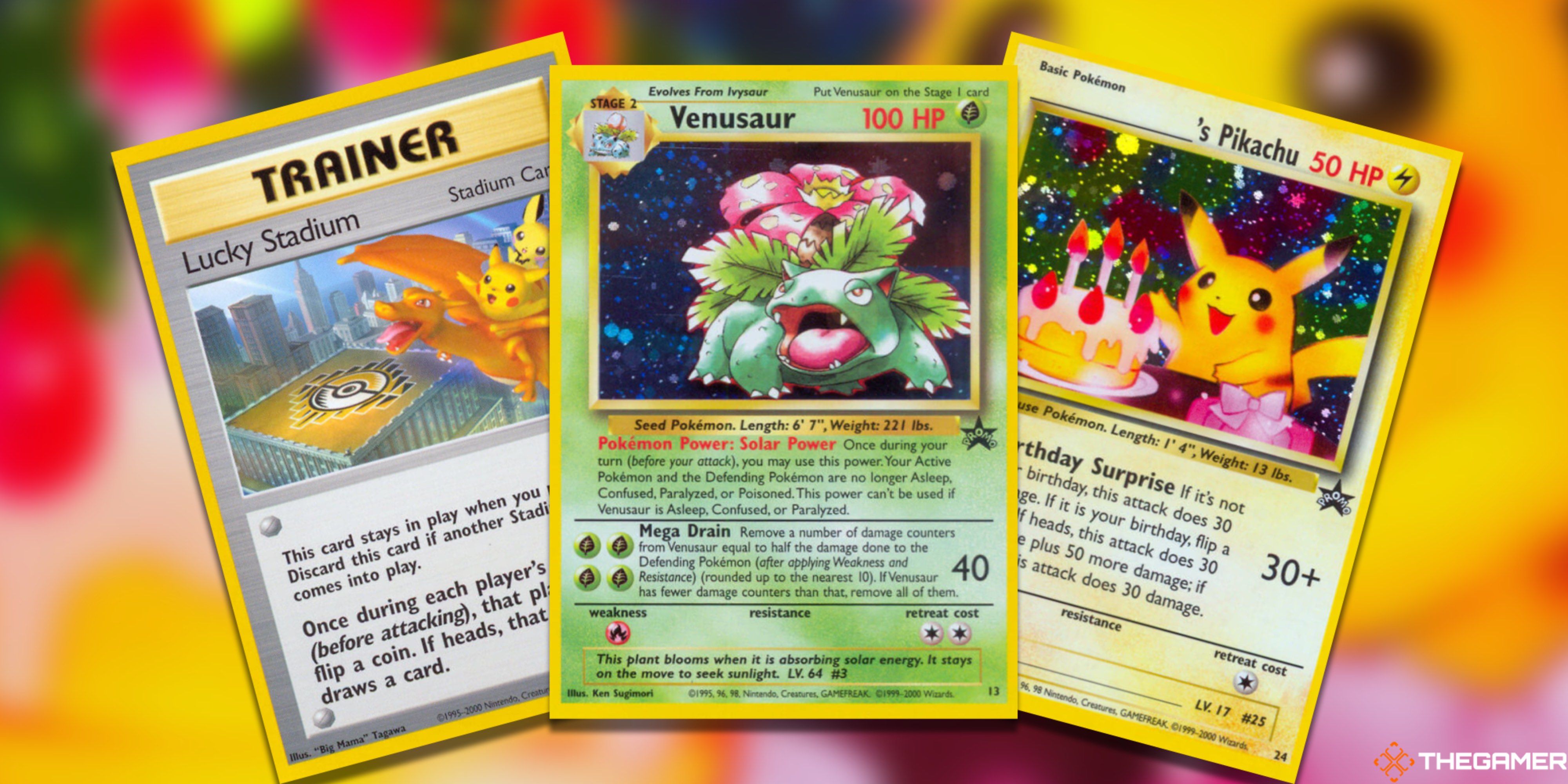 Three fanned-out WOTC Promos: Lucky Stadium, Venusaur, and Blank's Pikachu in the Pokemon TCG.