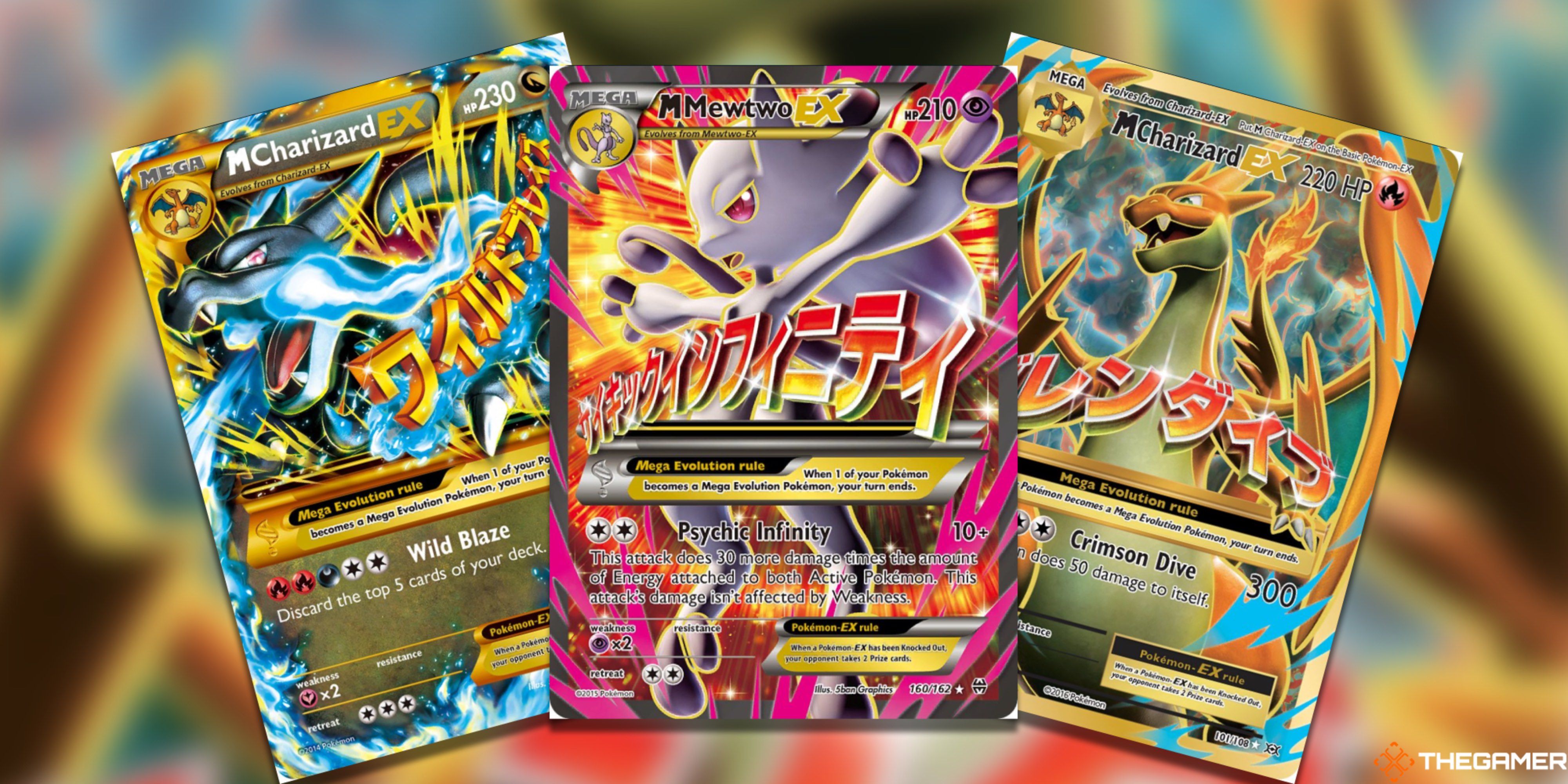 Three fanned-out Mega Pokemon: M Charizard X EX, Mewtwo Y EX, and M Charizard Y EX from the Pokemon TCG.