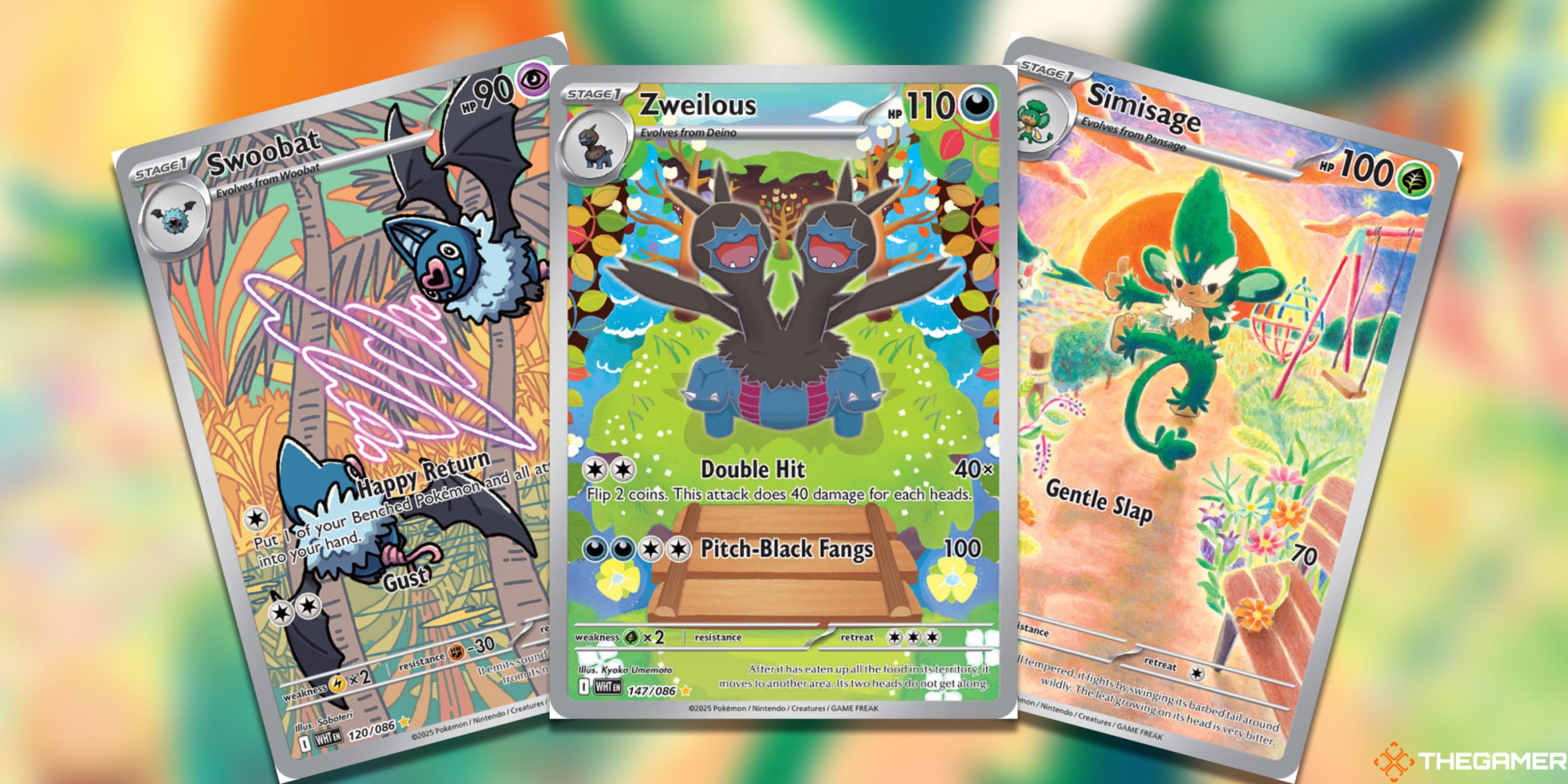 Three Underrated Black Bolt & White Flare Illustration Rares: Swoobat, Zweilous, and Simisage from the Pokemon TCG.
