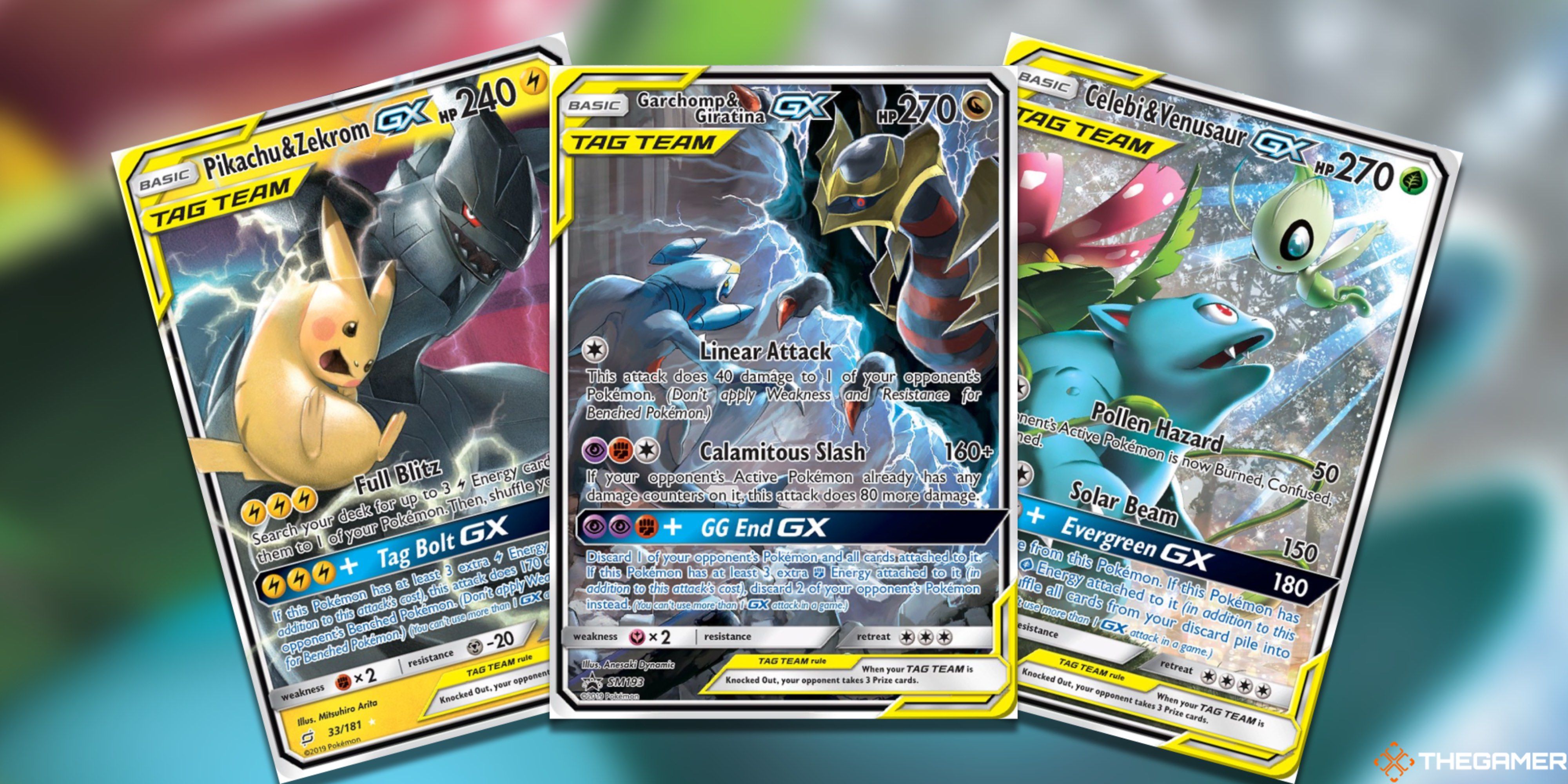 Three fanned-out, Underrated Tag Team Cards: Pikachu & Zekrom, Garchomp & Giratina, and Celebi & Venusaur from the Pokemon TCG.