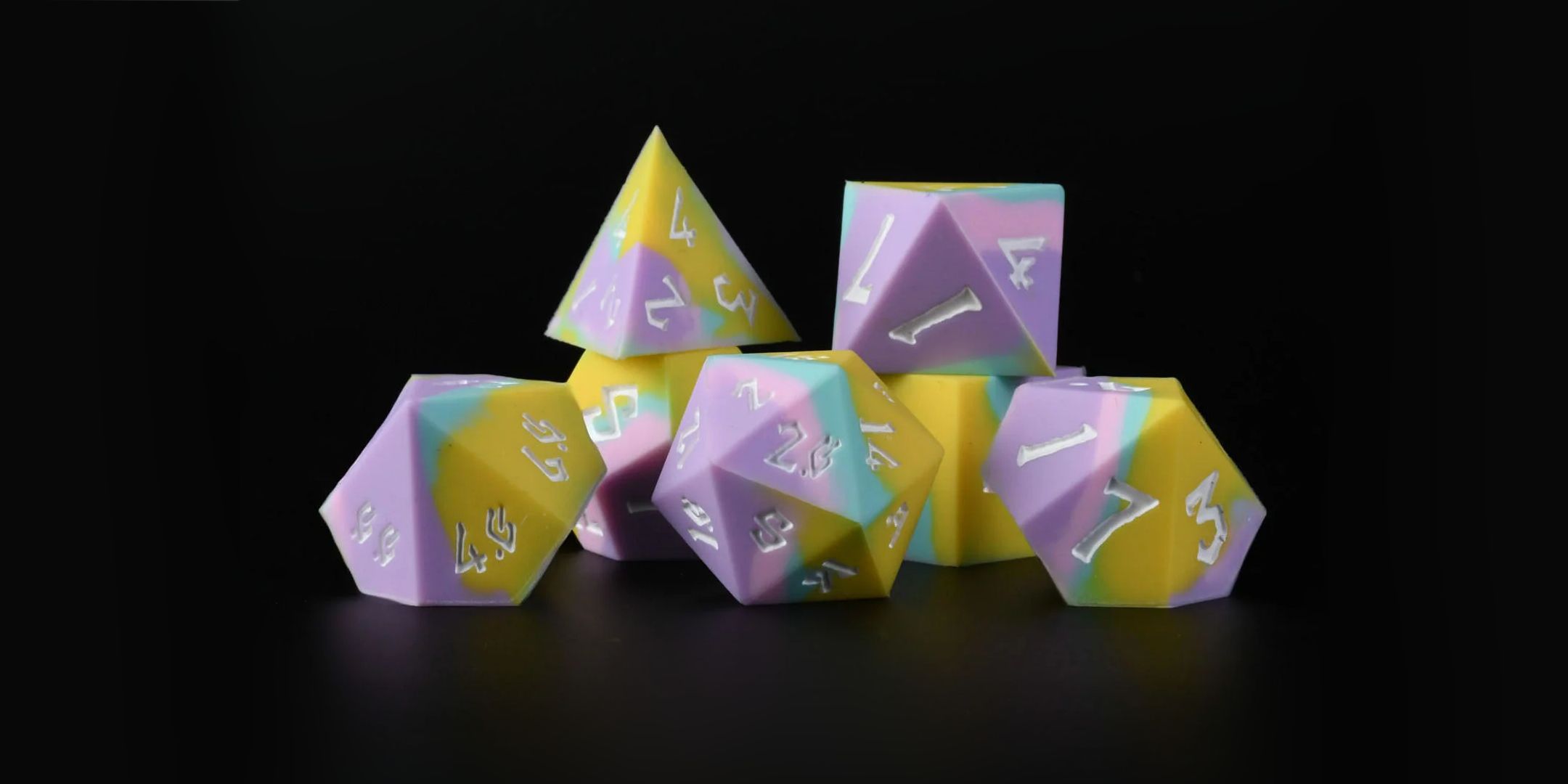 Promotional Image of a the Pastel Dreams Silicone Dice Set by Misty Mountain Gaming.