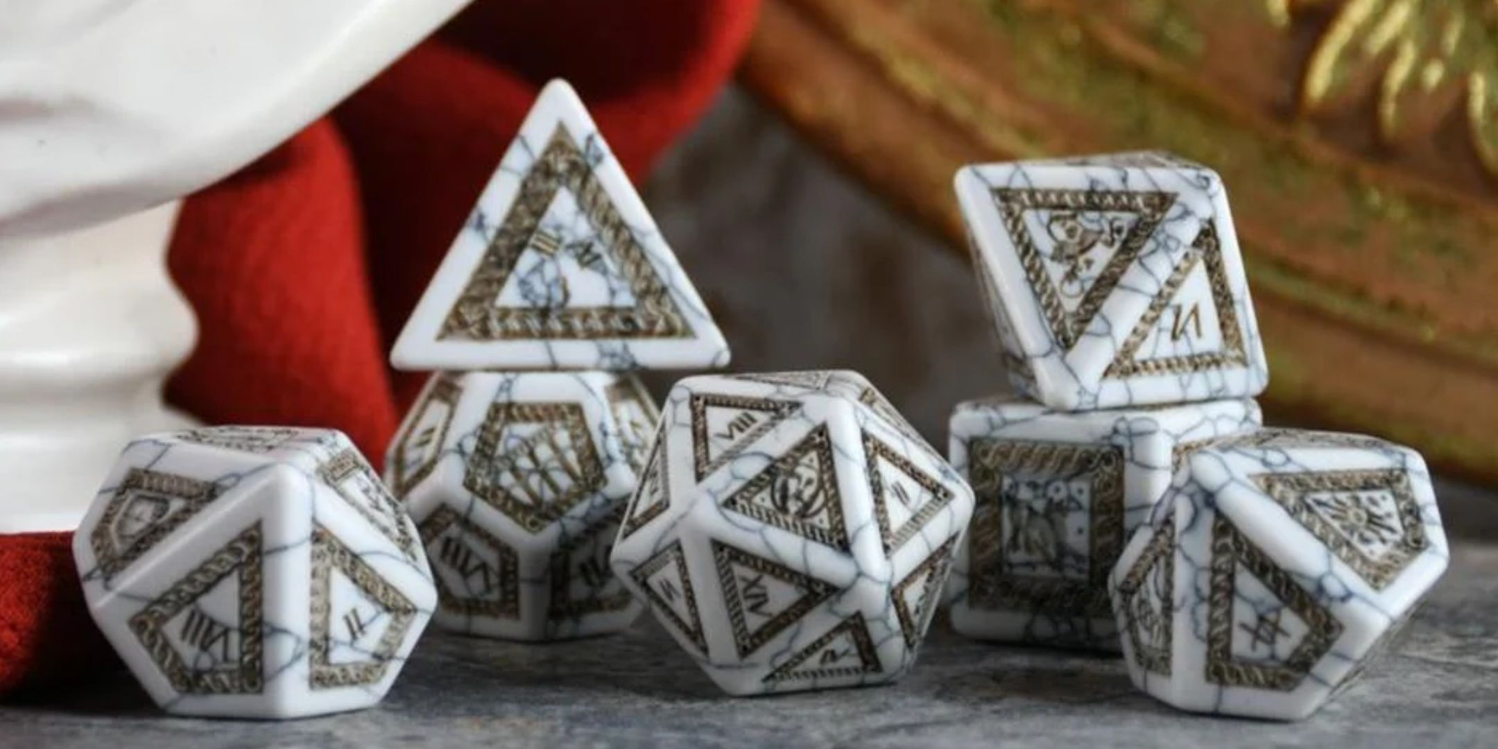 Promotional Image of a the Roman White Howlite Stone Dice Set by Misty Mountain Gaming.