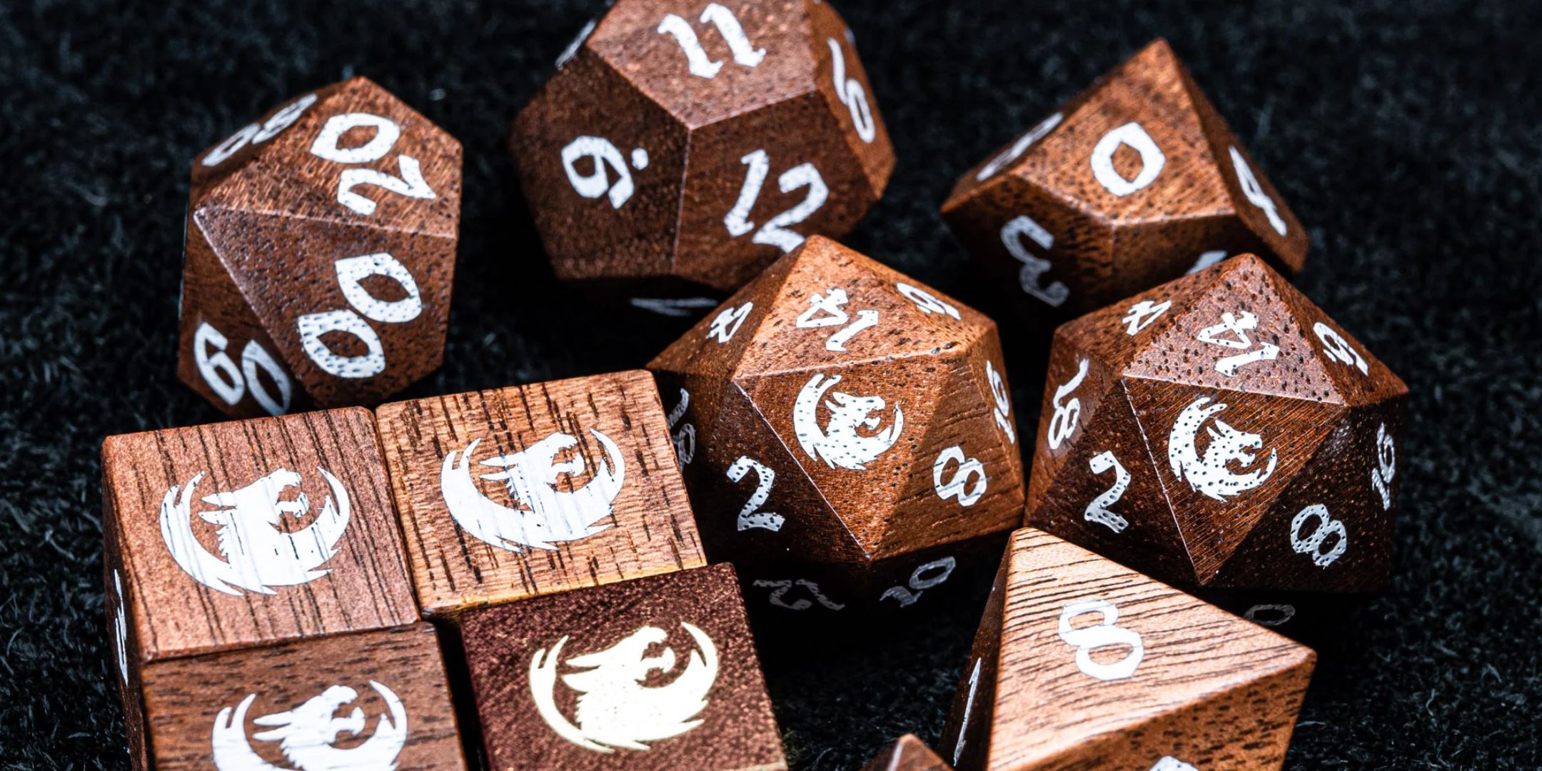 Promotional Image of the Walnut Wood Dice Set by URWizards.