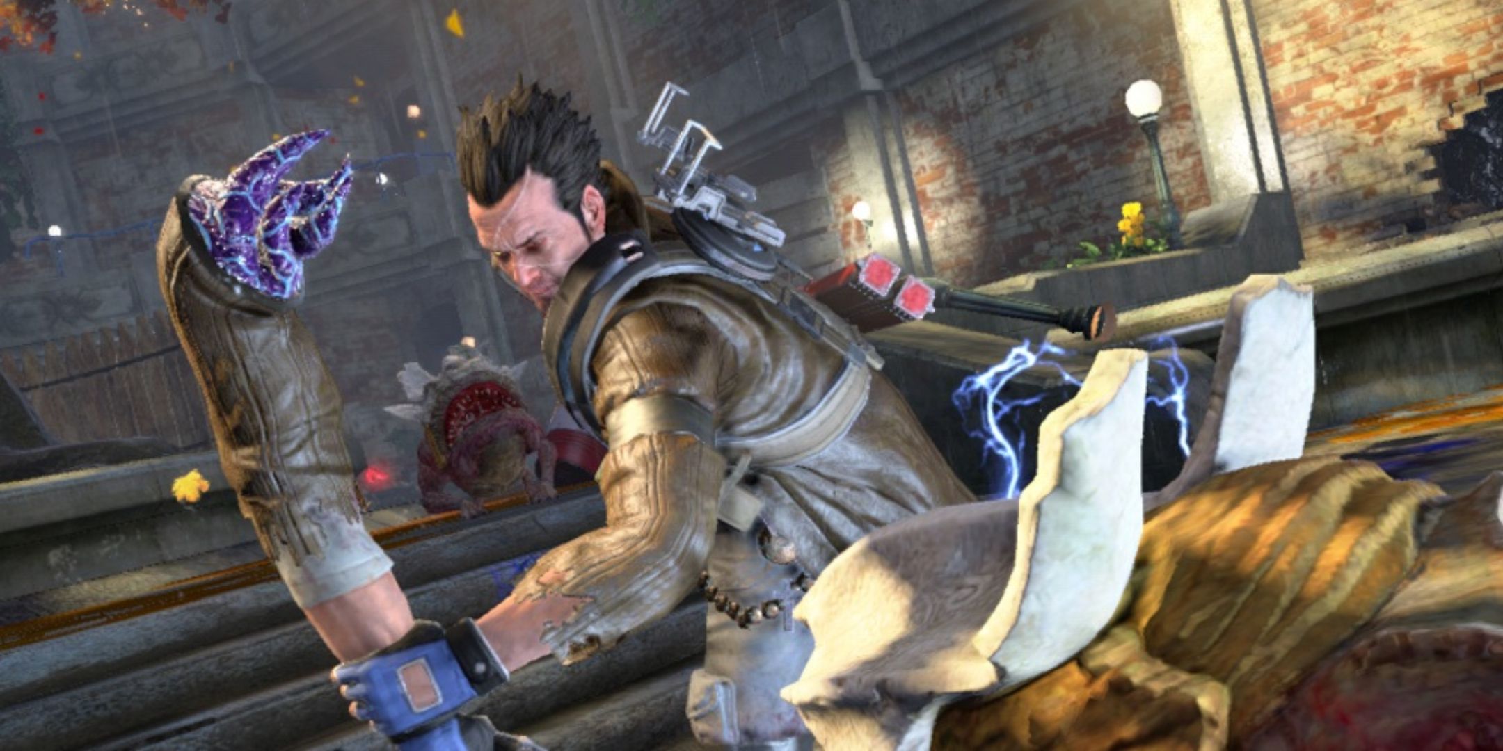 Protagonist swinging his arm in NeverDead.