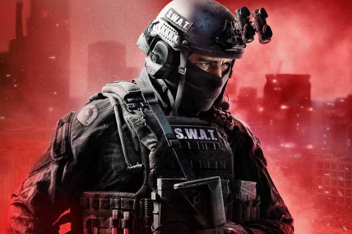 Ready or Not key art of a SWAT soldierstanding over a city coated in red smoke.