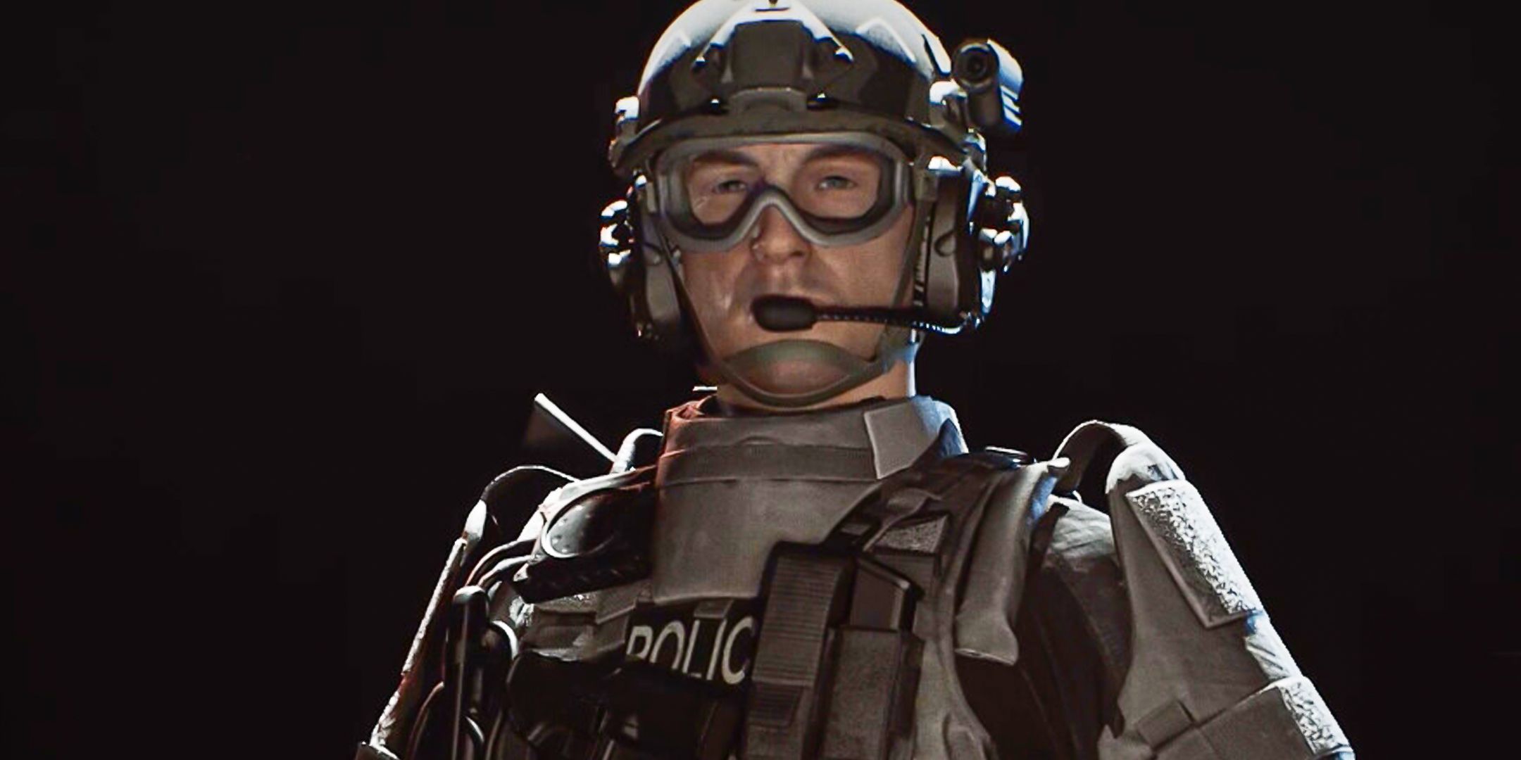 Ready or Not police officer standing over a black background.
