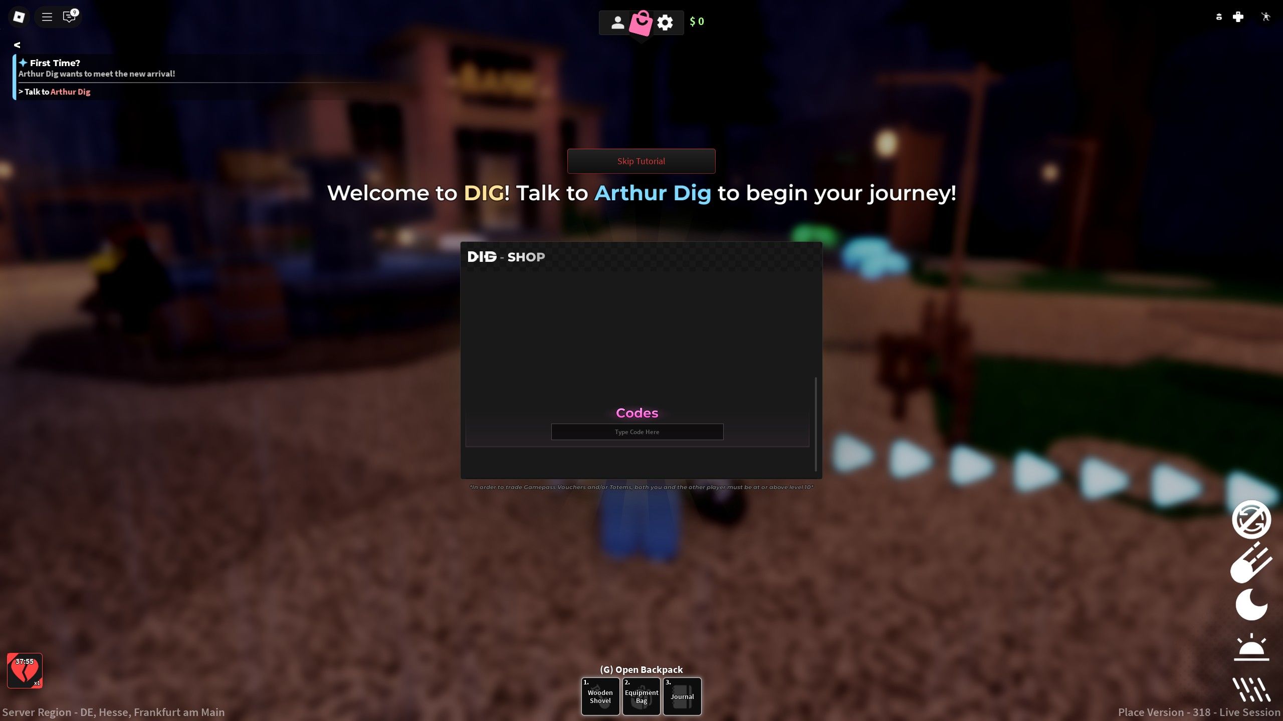 the codes field in DIG on Roblox