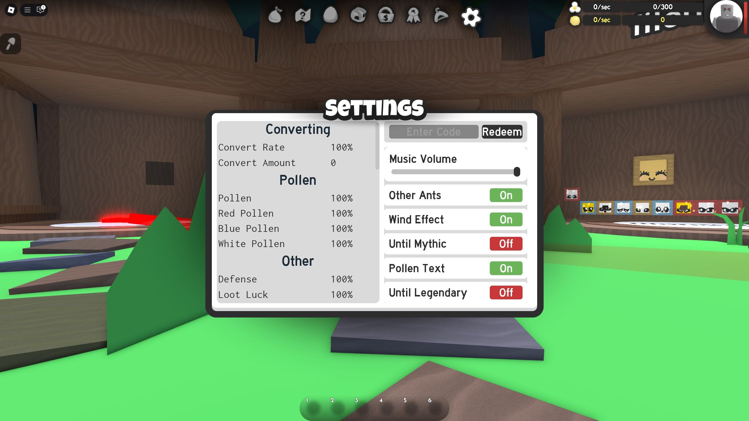 the settings menu in Ants Simulator 2 on Roblox