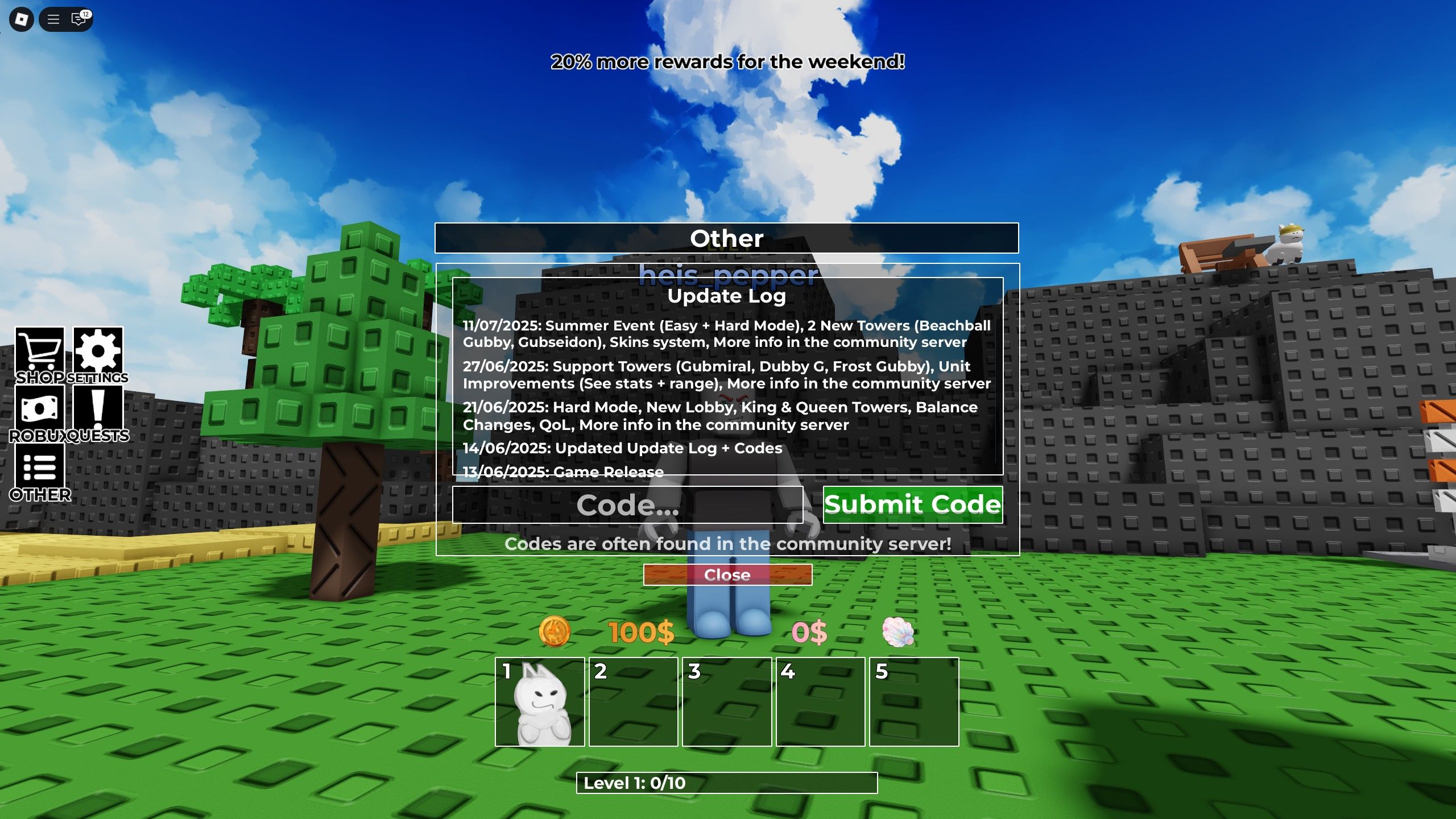 the codes box in Gubby Tower Defense on Roblox