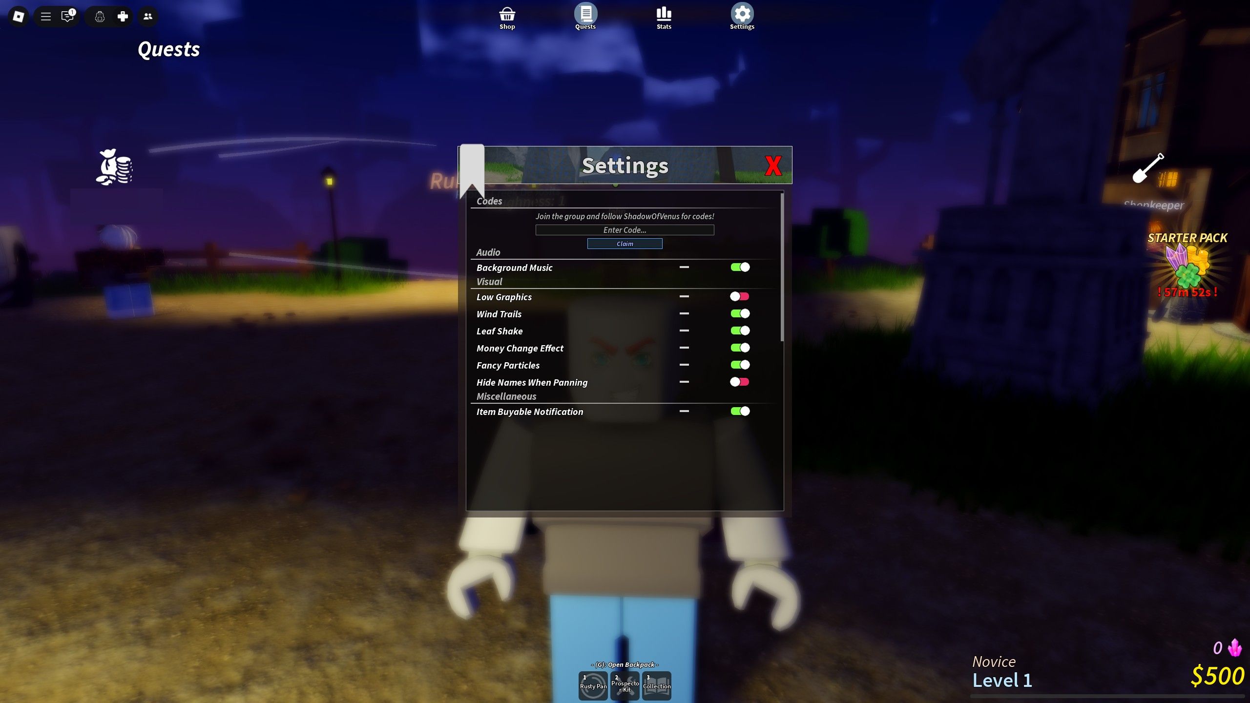 the settings menu in Prospecting on Roblox