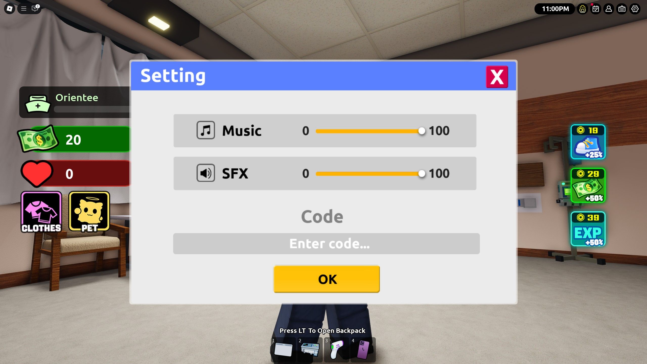 the codes field in Be a Nurse on Roblox
