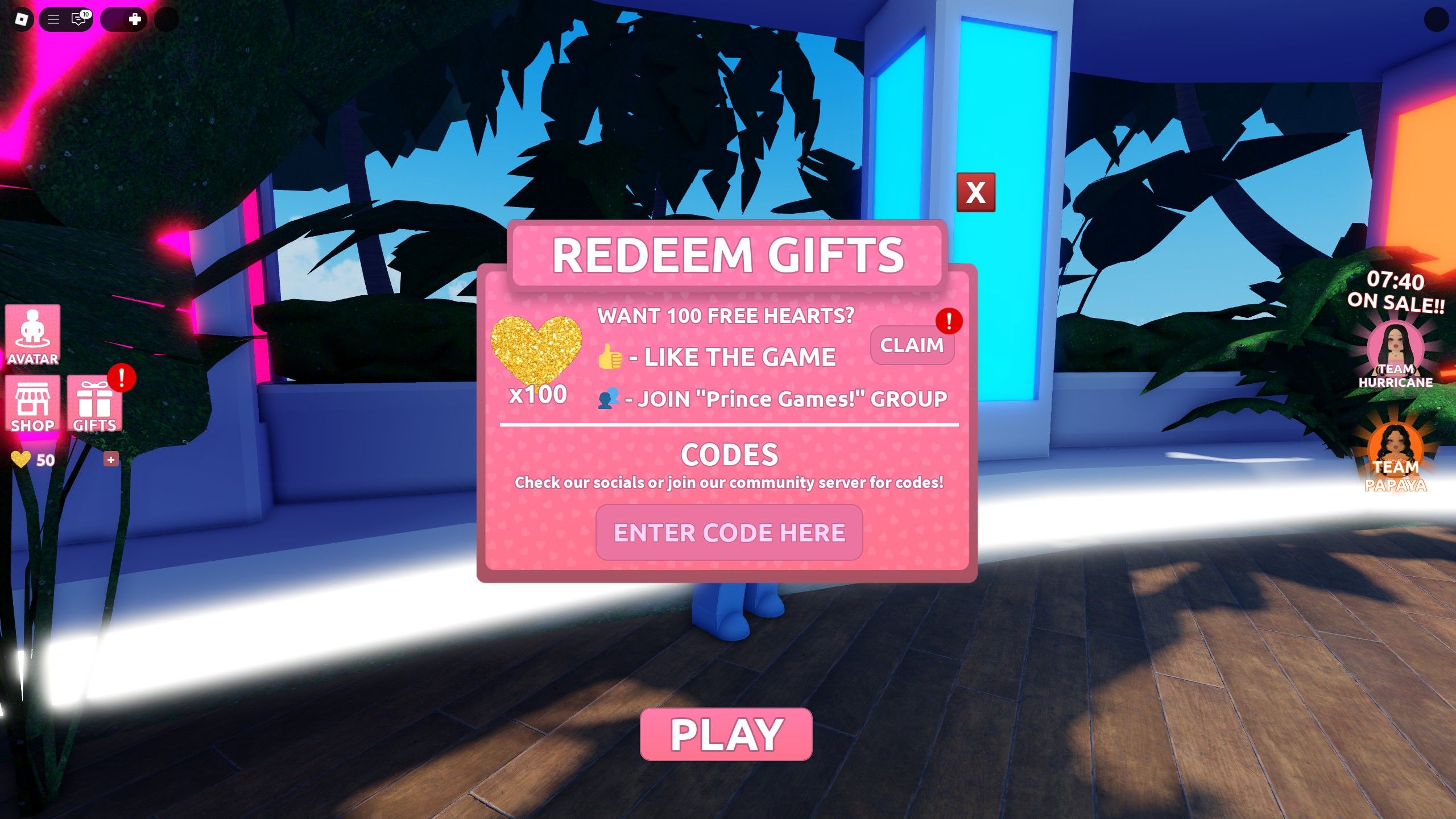 the codes box in Friendship Island on Roblox